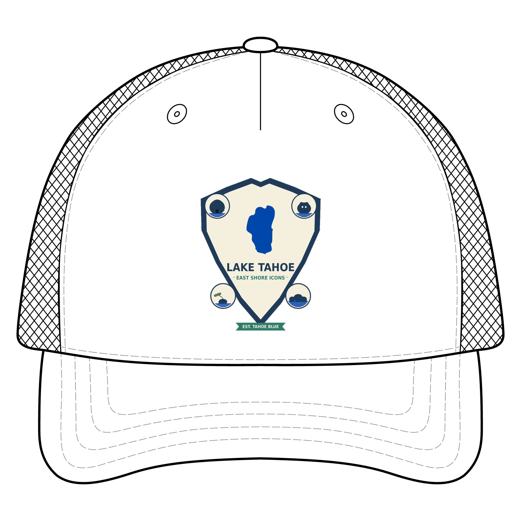 Lake Tahoe Shield Trucker Hat — Vintage Outdoor Camping Cap