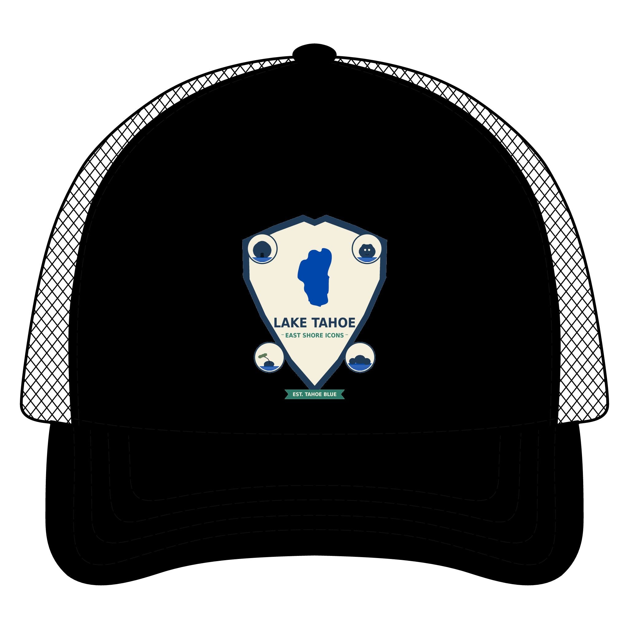 Lake Tahoe Shield Trucker Hat — Vintage Outdoor Camping Cap
