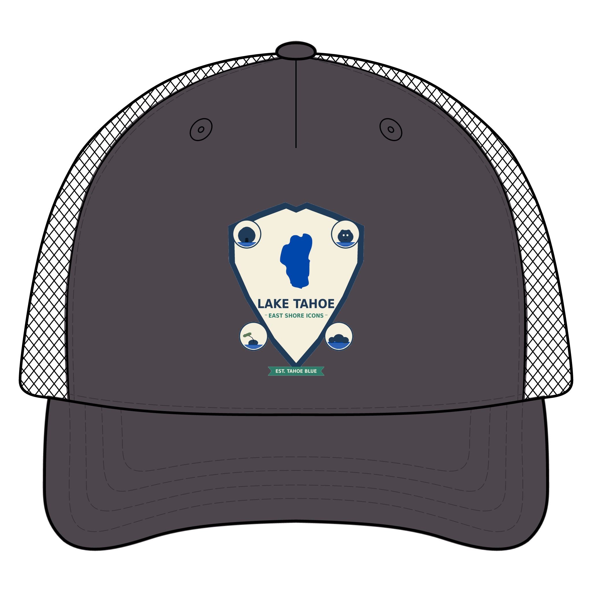 Lake Tahoe Shield Trucker Hat — Vintage Outdoor Camping Cap