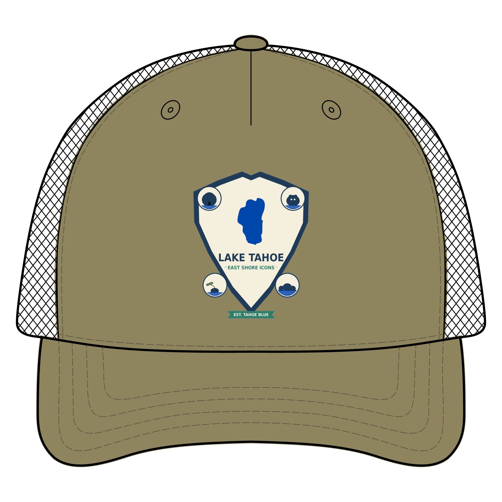 Lake Tahoe Shield Trucker Hat — Vintage Outdoor Camping Cap