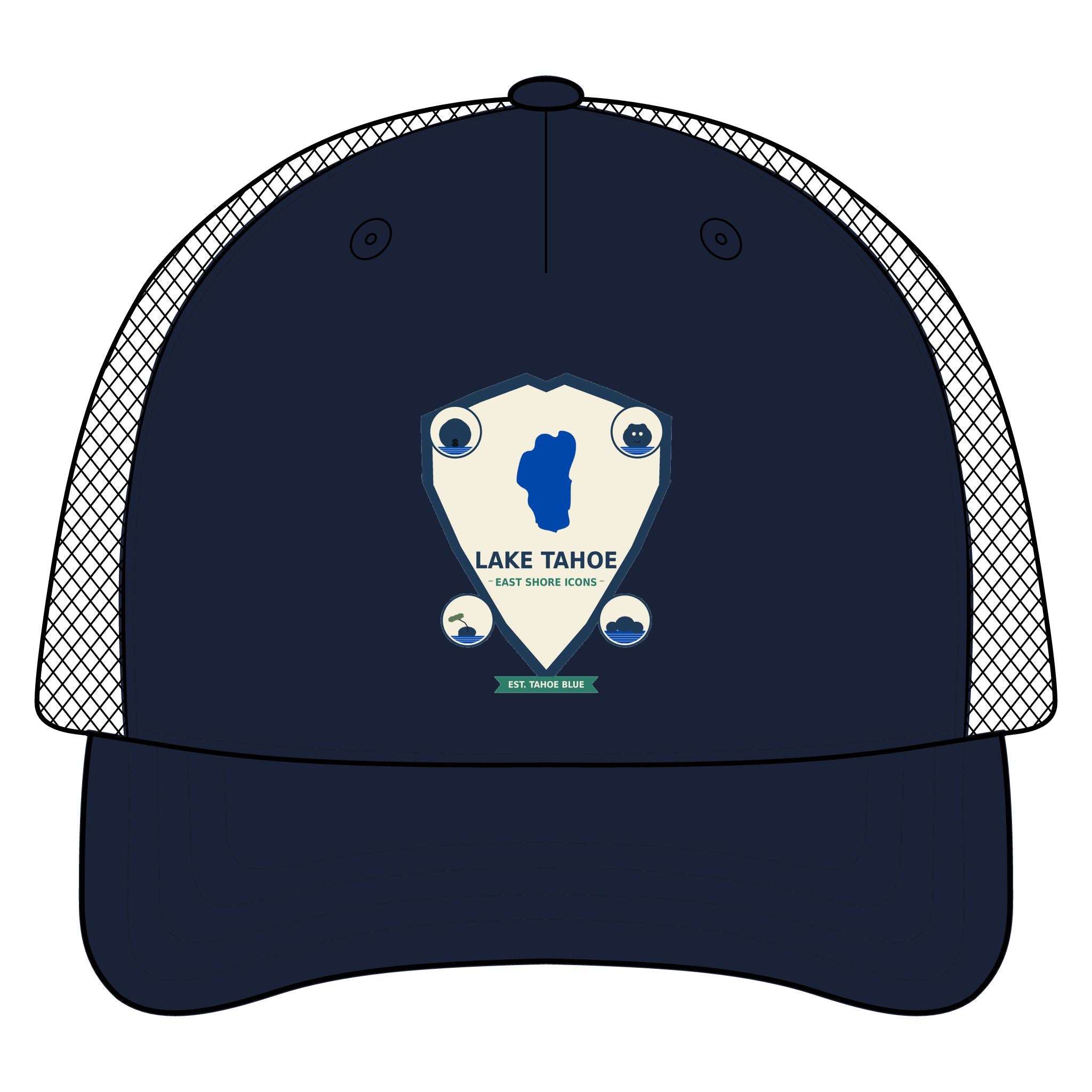 Lake Tahoe Shield Trucker Hat — Vintage Outdoor Camping Cap
