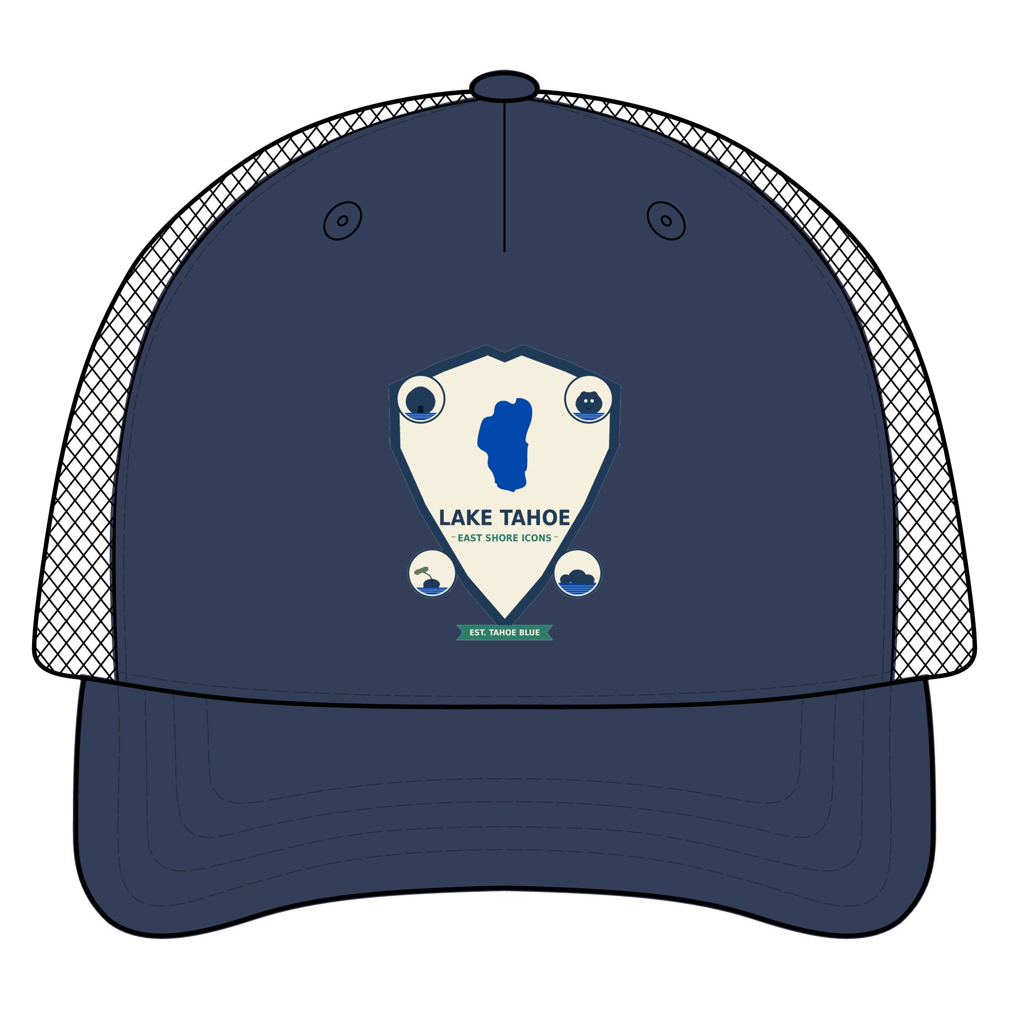 Lake Tahoe Shield Trucker Hat — Vintage Outdoor Camping Cap