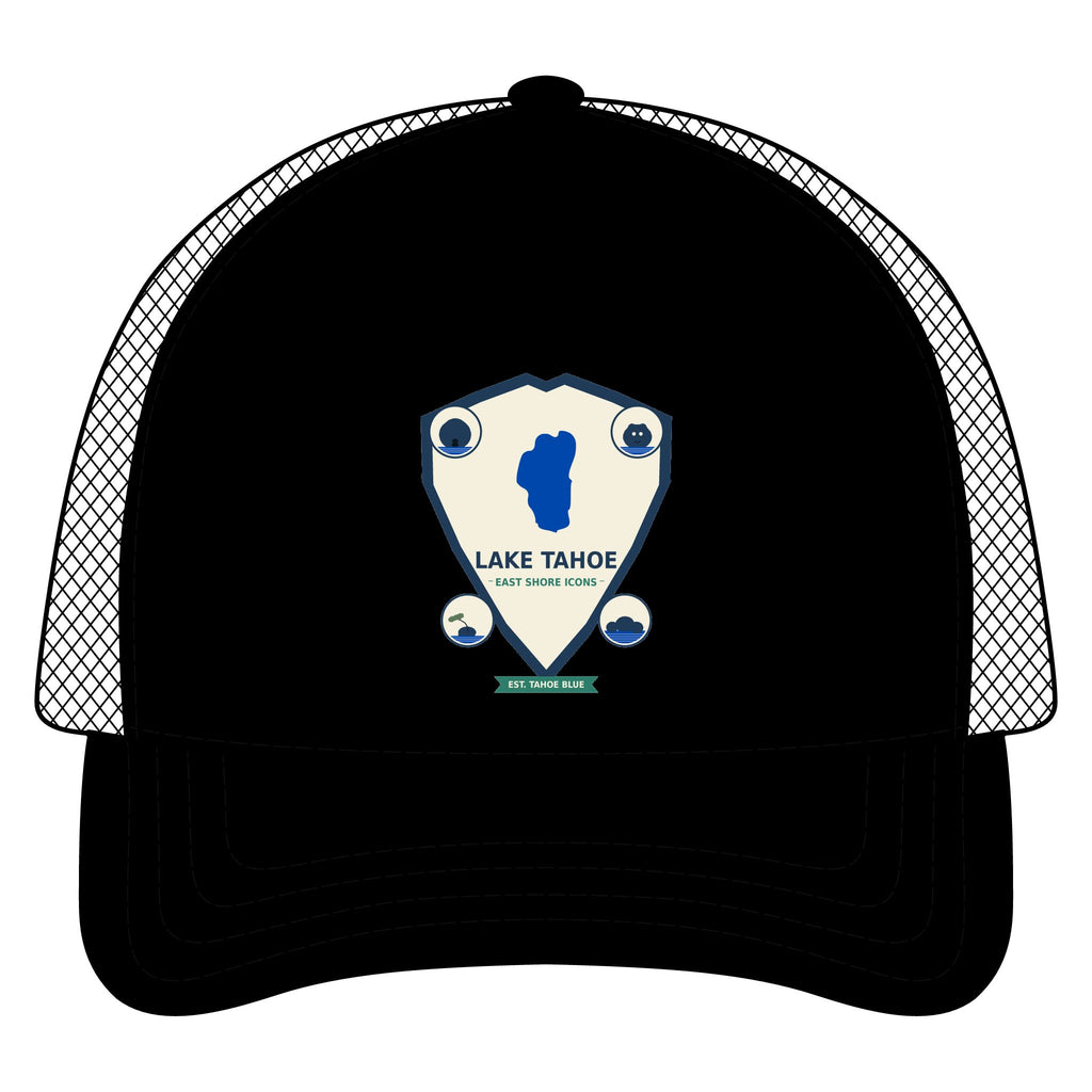 Lake Tahoe Shield Trucker Hat — Vintage Outdoor Camping Cap
