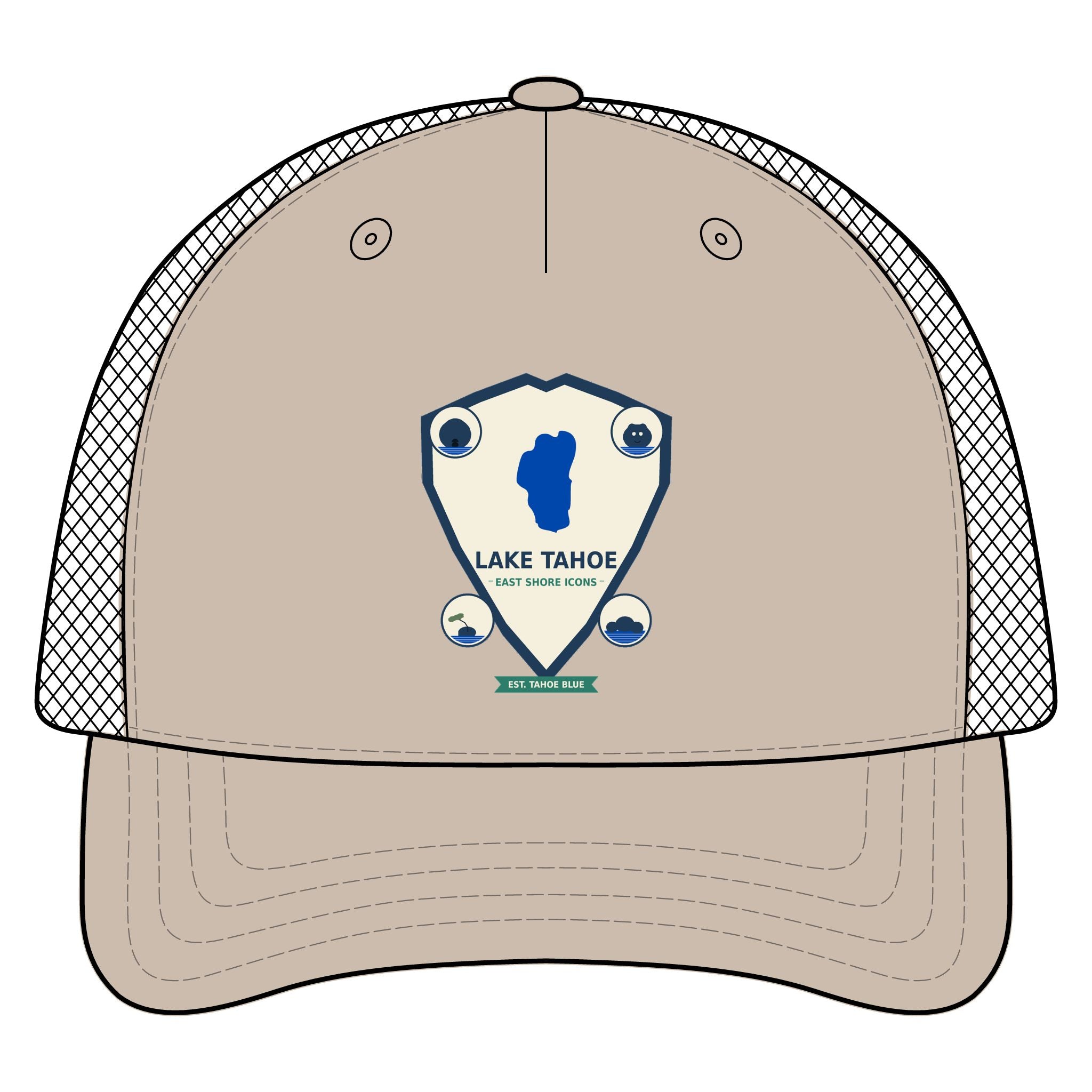 Lake Tahoe Shield Trucker Hat — Vintage Outdoor Camping Cap