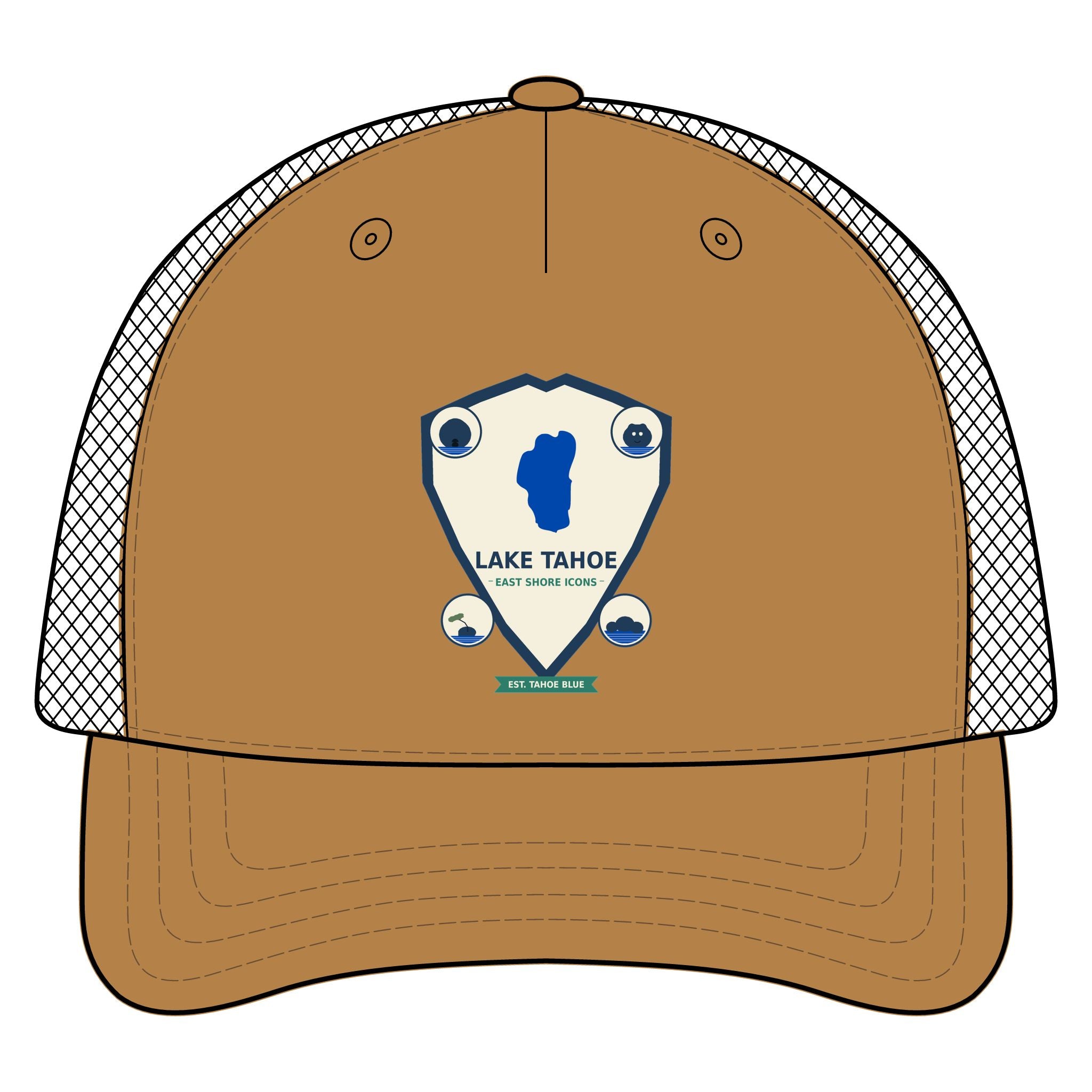 Lake Tahoe Shield Trucker Hat — Vintage Outdoor Camping Cap