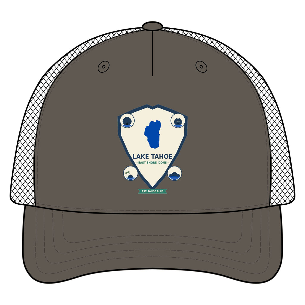 Lake Tahoe Shield Trucker Hat — Vintage Outdoor Camping Cap