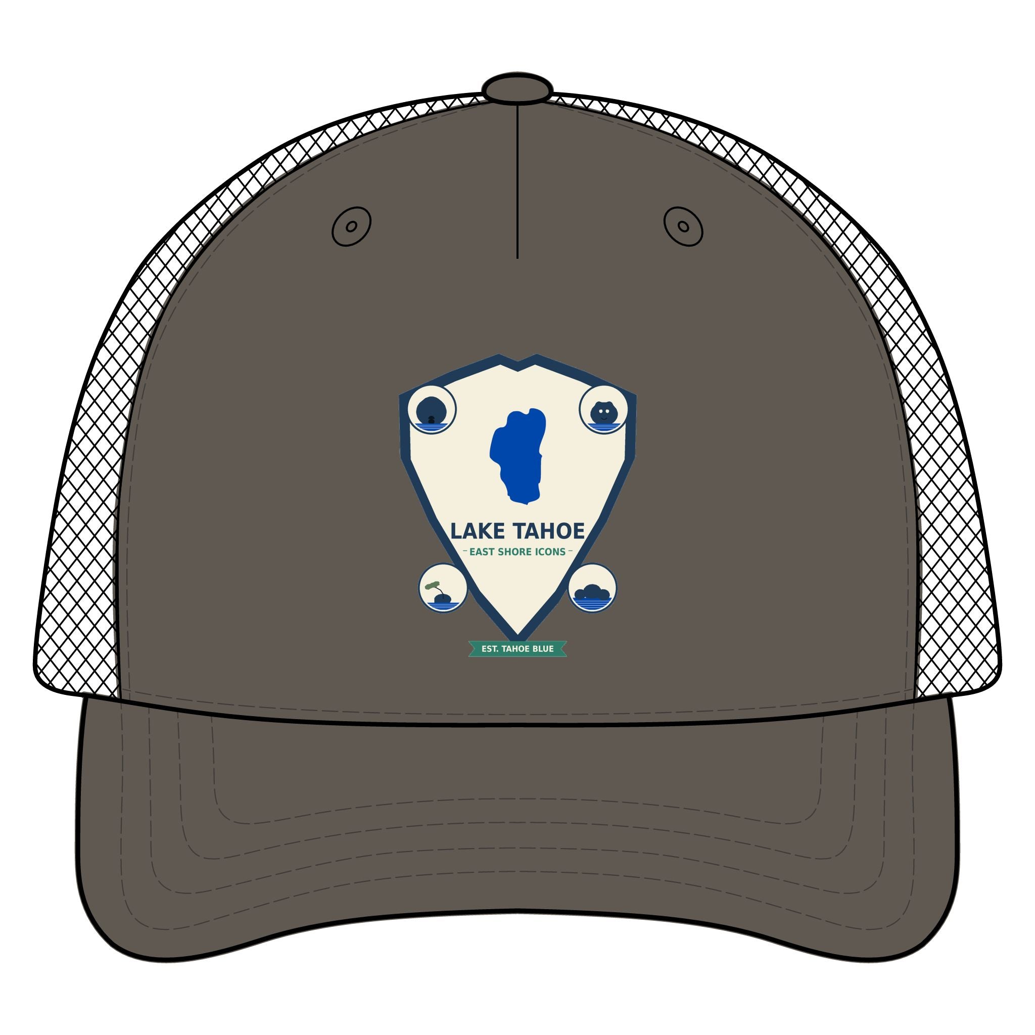 Lake Tahoe Shield Trucker Hat — Vintage Outdoor Camping Cap
