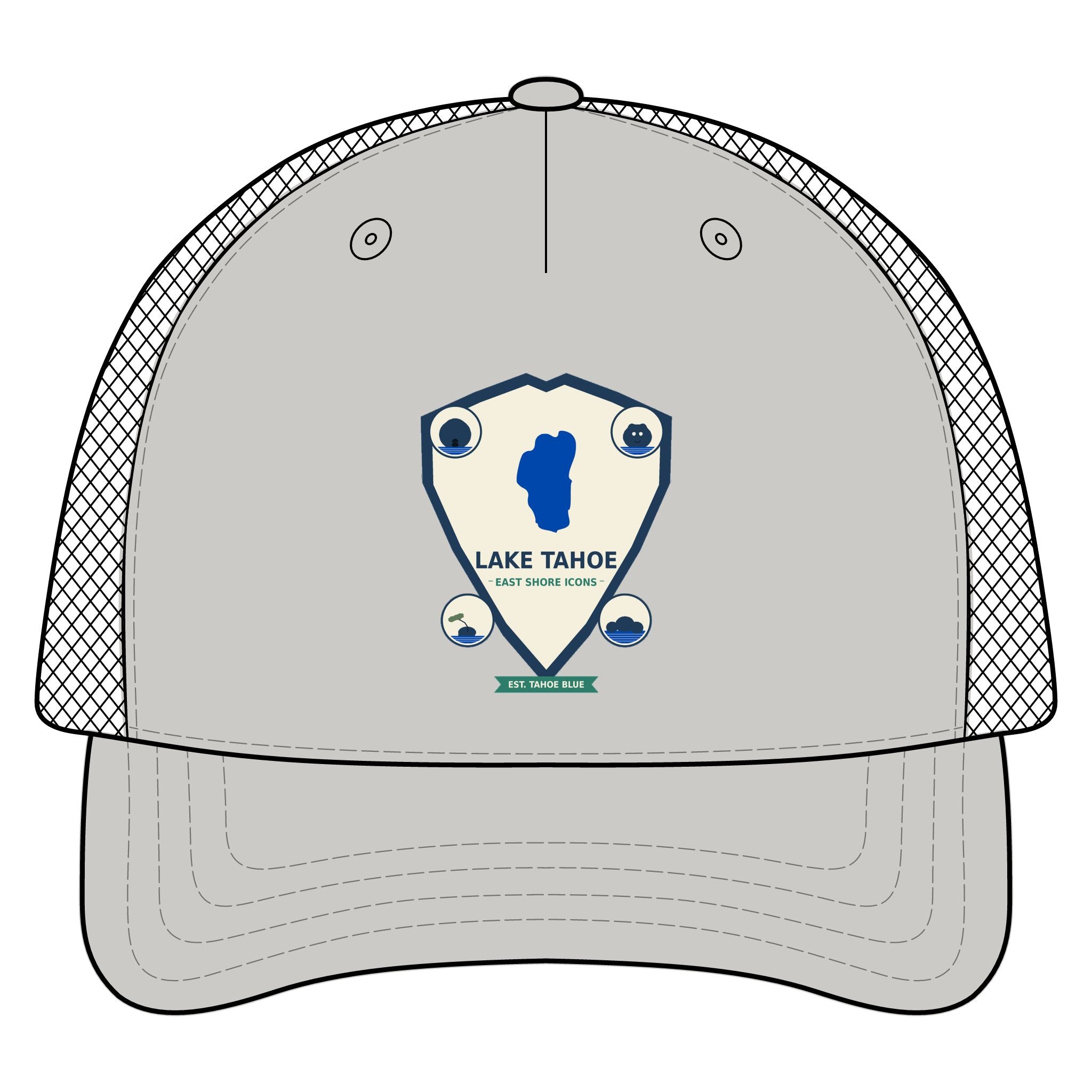 Lake Tahoe Shield Trucker Hat — Vintage Outdoor Camping Cap