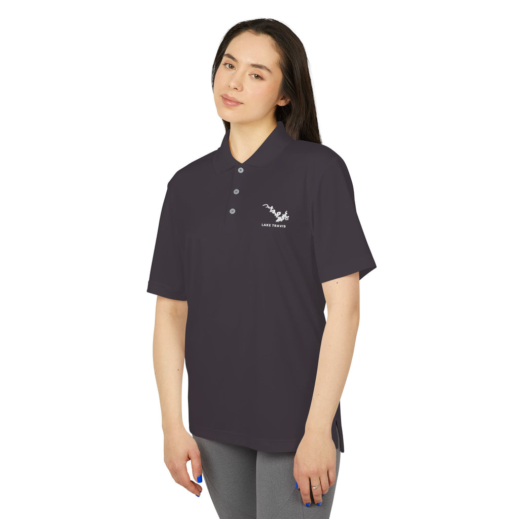 Lake Travis - White Performance Polo — Minimalist Botanical Chest Logo