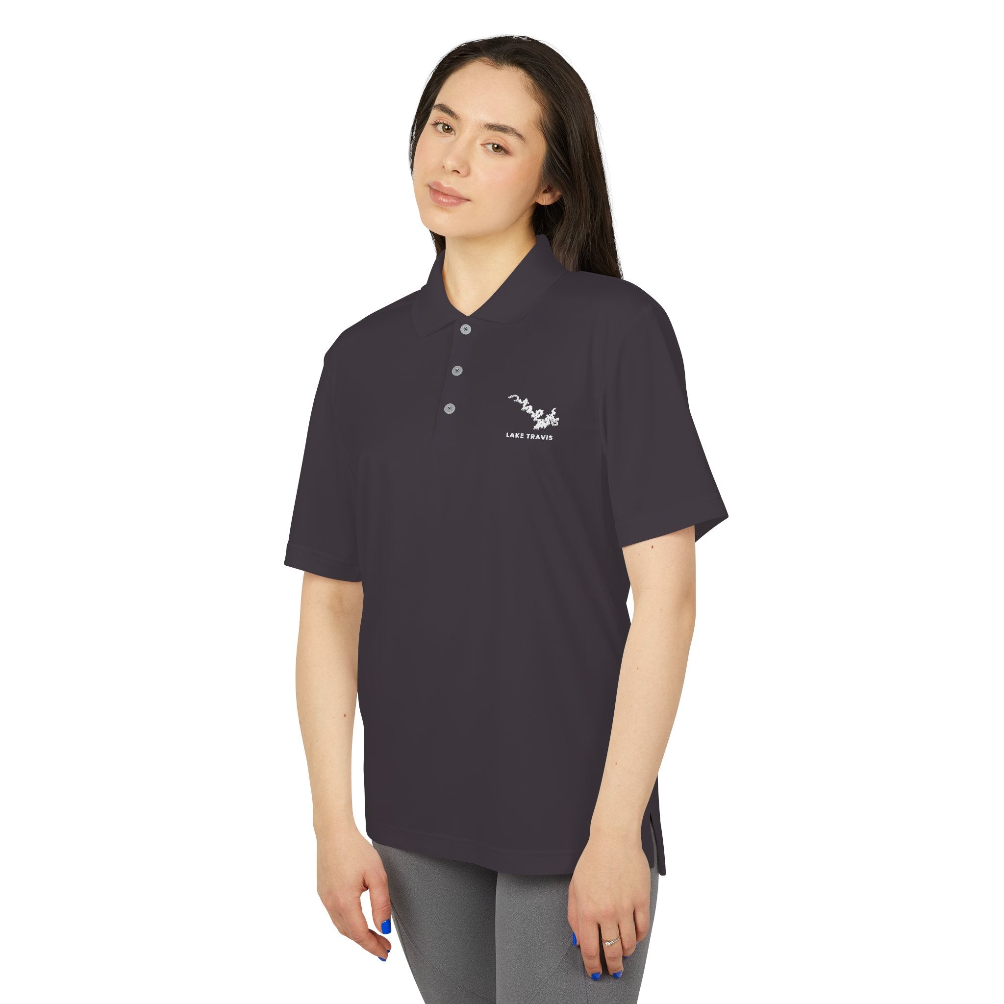 Lake Travis - White Performance Polo — Minimalist Botanical Chest Logo