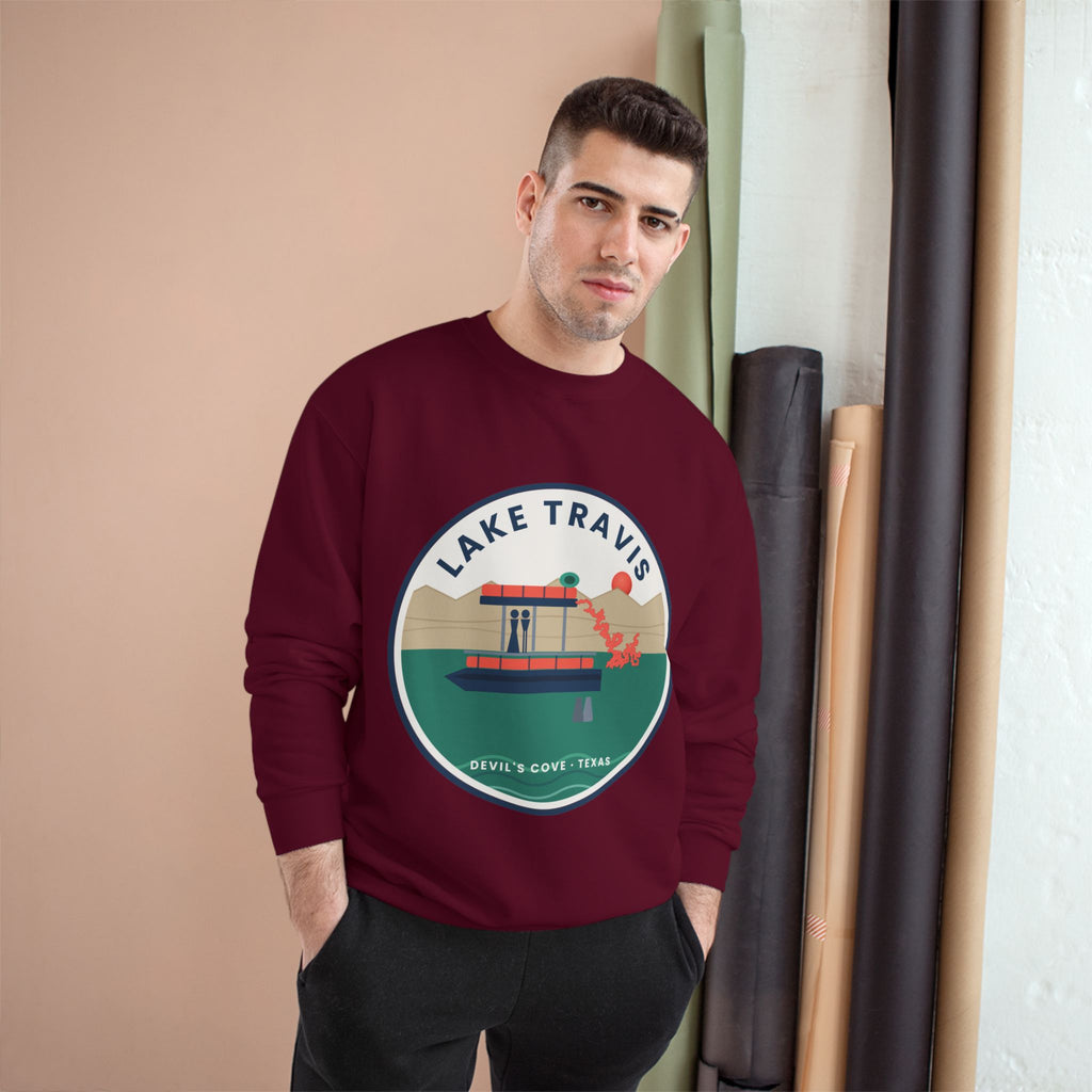 Lake Travis Crewneck Sweatshirt — Retro Pontoon Boat Design (Devil's Cove, Texas)