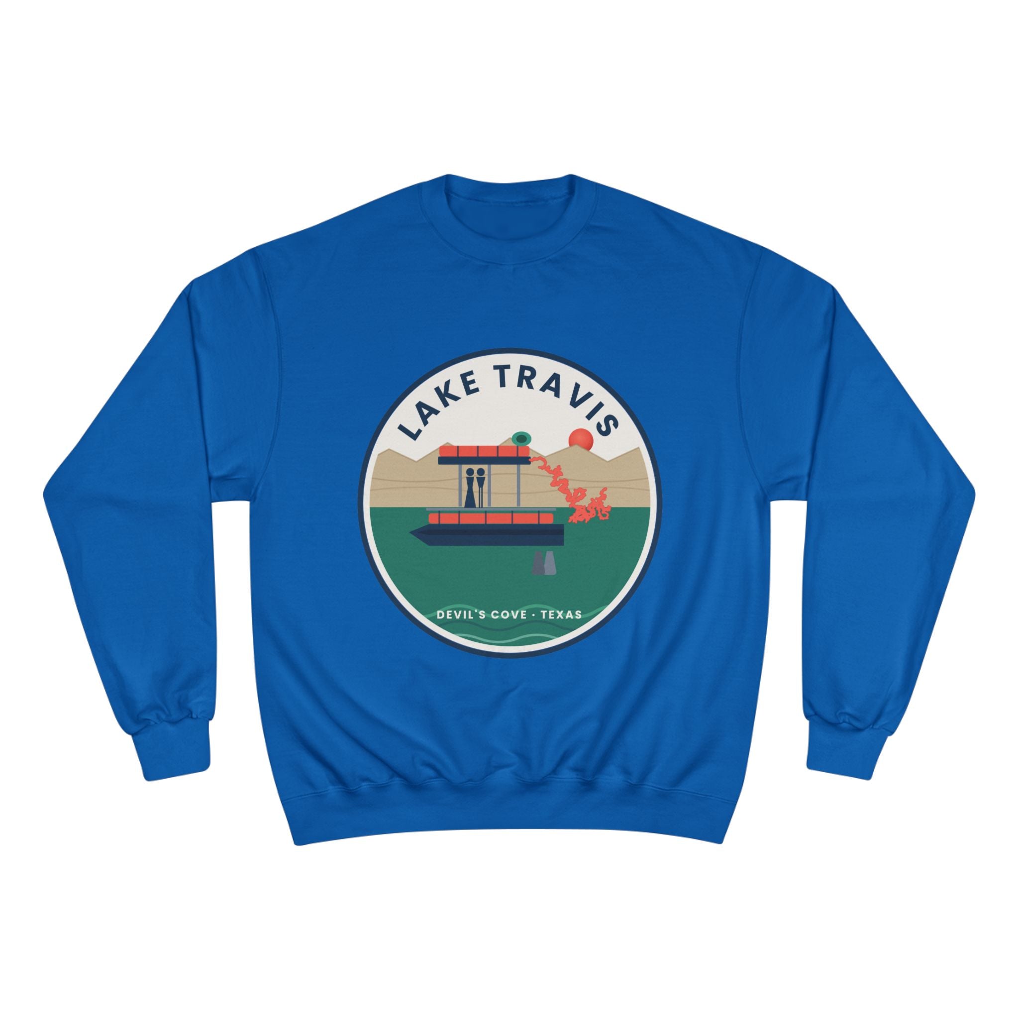 Lake Travis Crewneck Sweatshirt — Retro Pontoon Boat Design (Devil's Cove, Texas)
