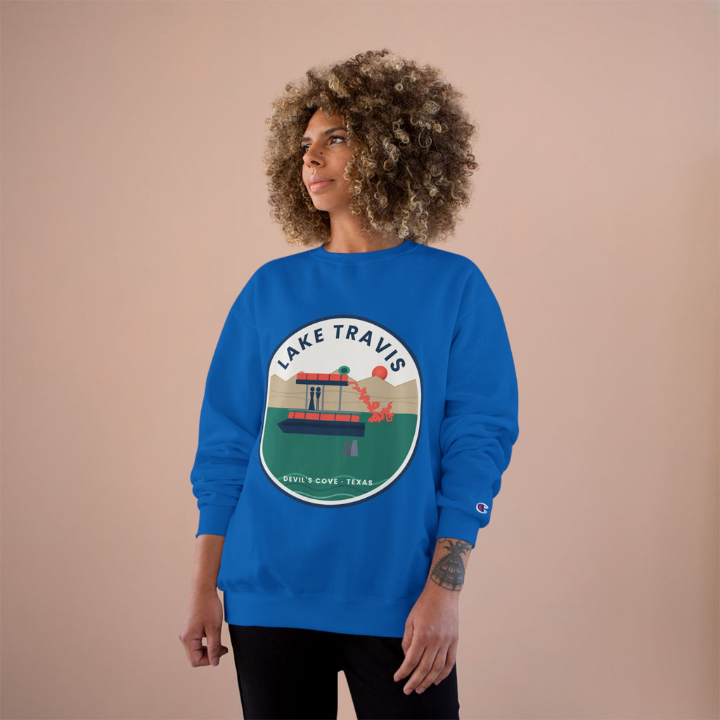 Lake Travis Crewneck Sweatshirt — Retro Pontoon Boat Design (Devil's Cove, Texas)