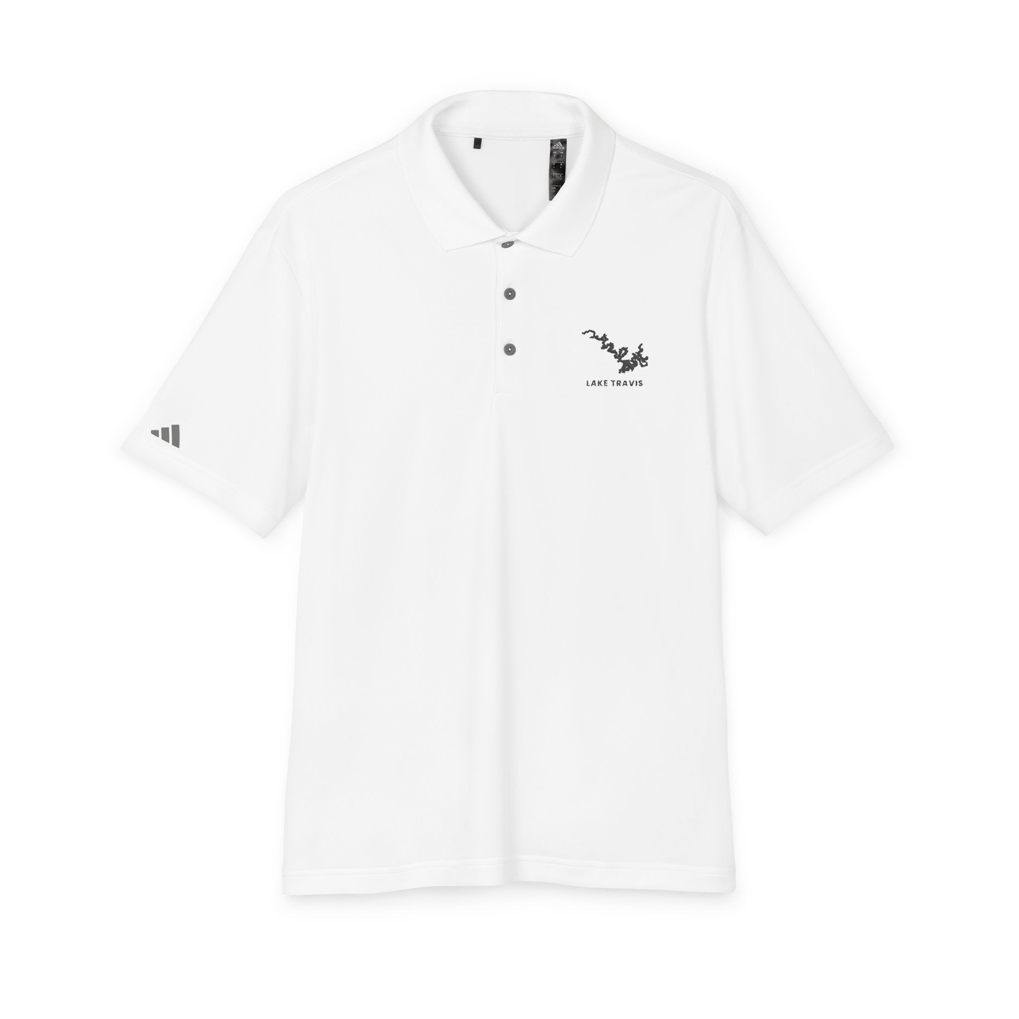 Lake Travis - White Performance Polo — Minimalist Botanical Chest Logo