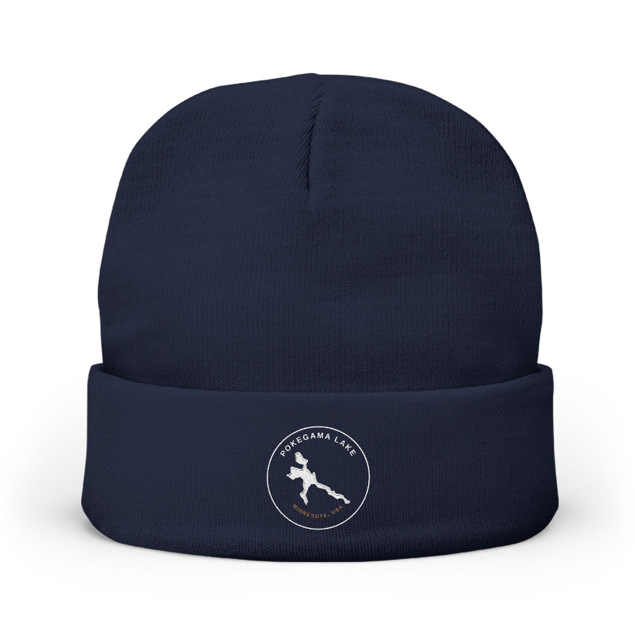 Pokegama Lake - Embroidered Runner Logo Knit Beanie (Light Logo, for Dark Colors) — Lightweight Winter Hat for Runners & Outdoor Fitness