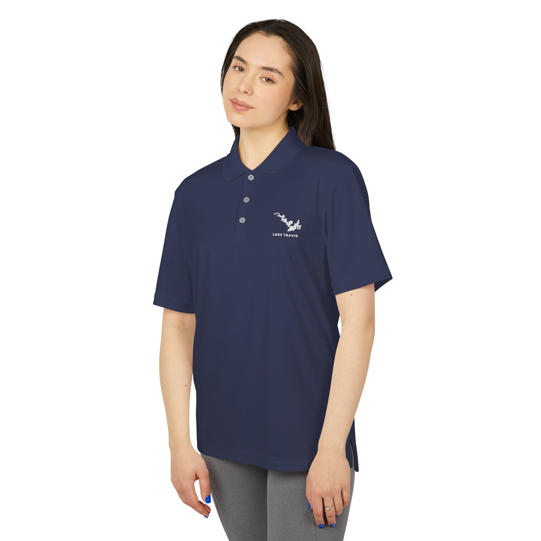 Lake Travis - White Performance Polo — Minimalist Botanical Chest Logo