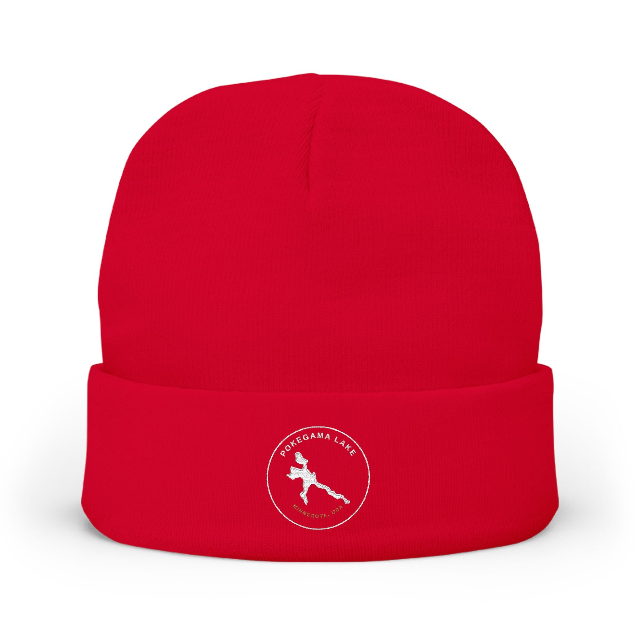 Pokegama Lake - Embroidered Runner Logo Knit Beanie (Light Logo, for Dark Colors) — Lightweight Winter Hat for Runners & Outdoor Fitness