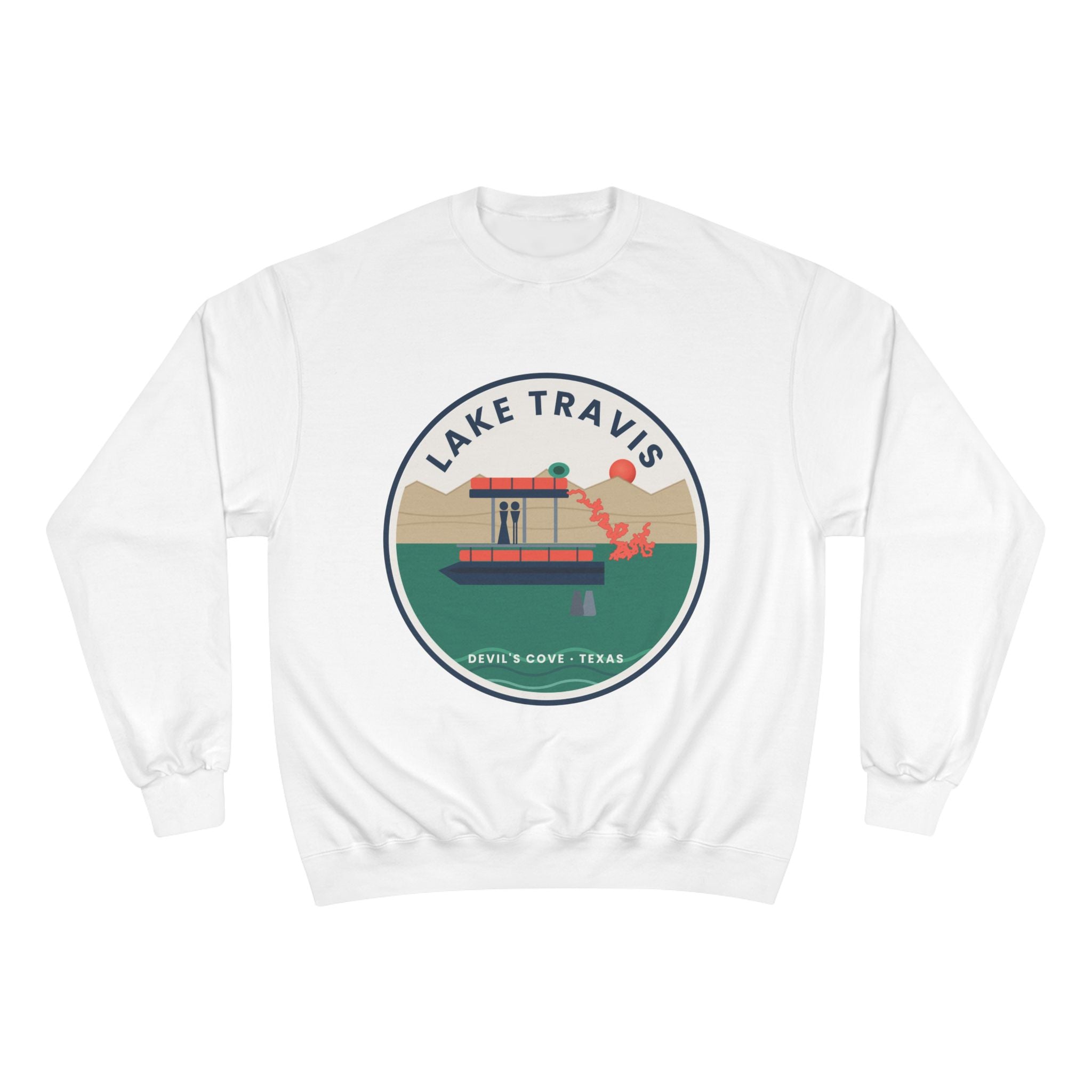 Lake Travis Crewneck Sweatshirt — Retro Pontoon Boat Design (Devil's Cove, Texas)