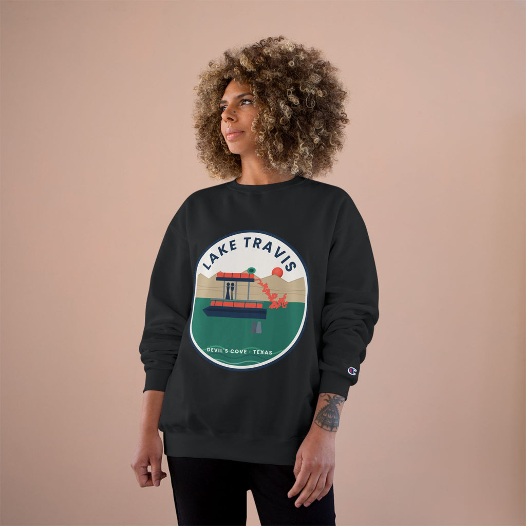 Lake Travis Crewneck Sweatshirt — Retro Pontoon Boat Design (Devil's Cove, Texas)