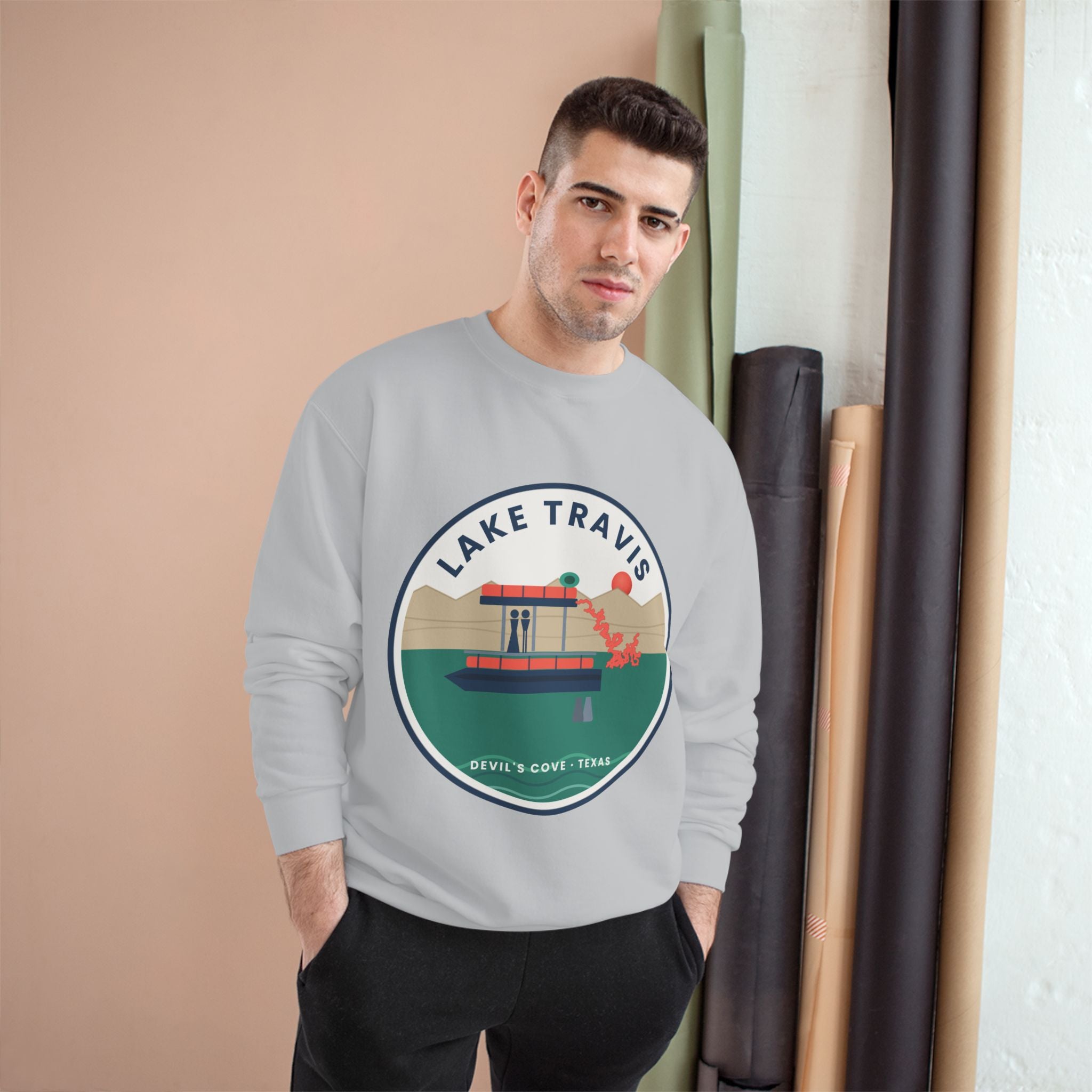 Lake Travis Crewneck Sweatshirt — Retro Pontoon Boat Design (Devil's Cove, Texas)