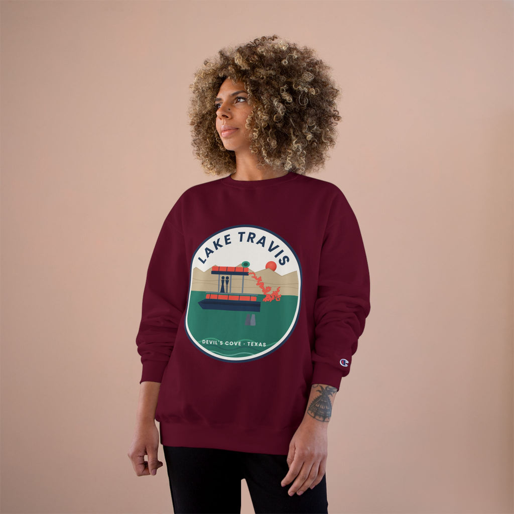 Lake Travis Crewneck Sweatshirt — Retro Pontoon Boat Design (Devil's Cove, Texas)