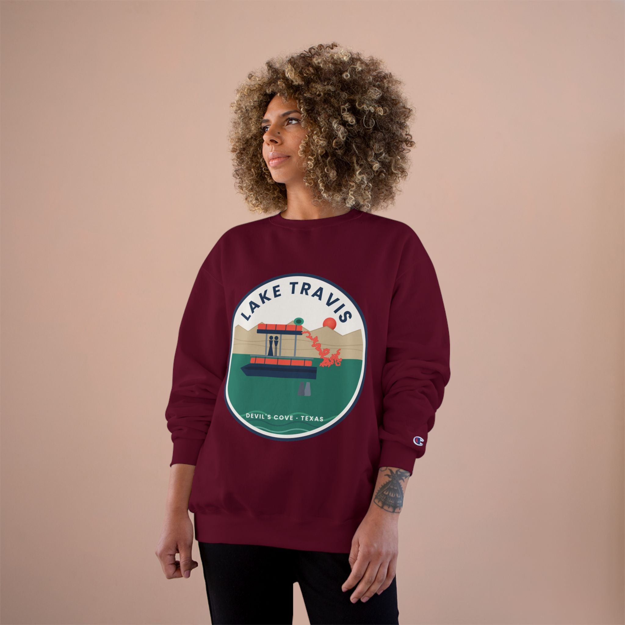 Lake Travis Crewneck Sweatshirt — Retro Pontoon Boat Design (Devil's Cove, Texas)