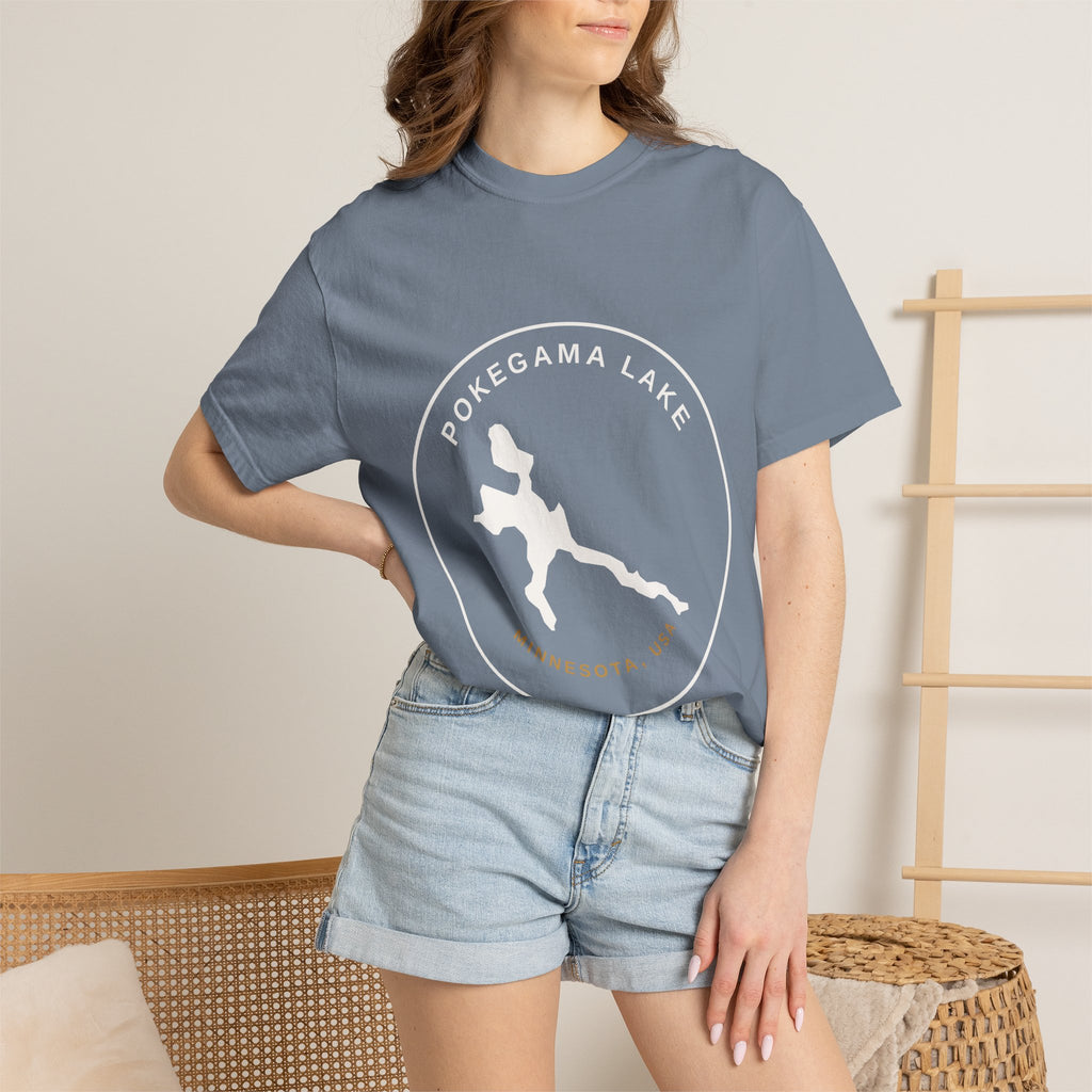 Pokegama Lake Minnesota T-Shirt — Lake Map Circle Graphic (Light Logo, for Dark Colors)