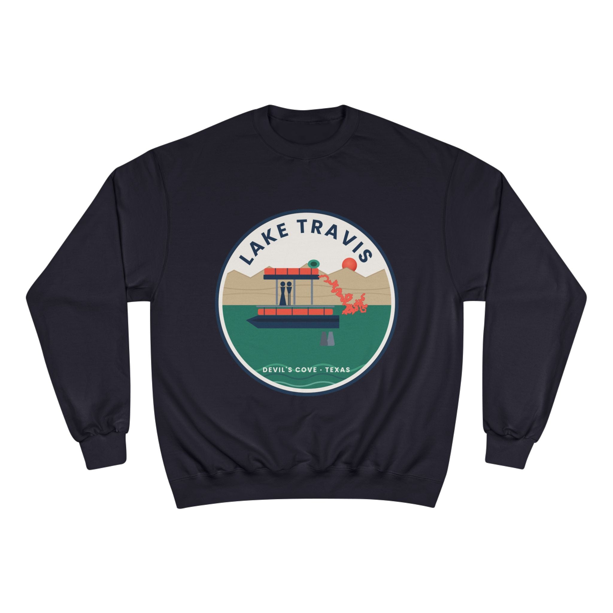 Lake Travis Crewneck Sweatshirt — Retro Pontoon Boat Design (Devil's Cove, Texas)