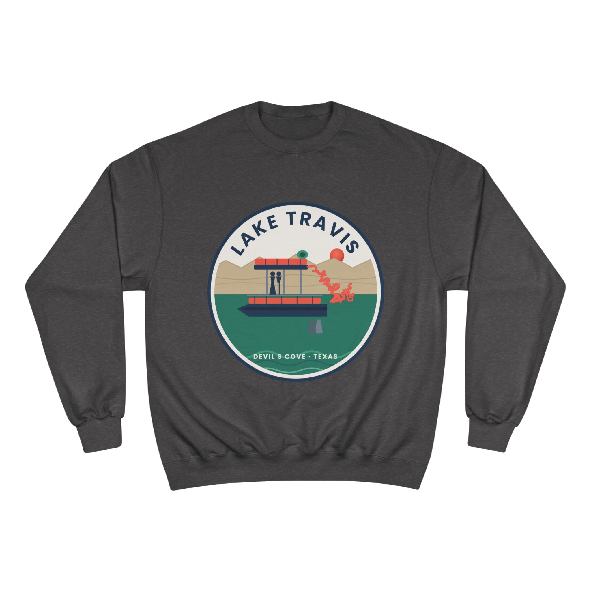 Lake Travis Crewneck Sweatshirt — Retro Pontoon Boat Design (Devil's Cove, Texas)