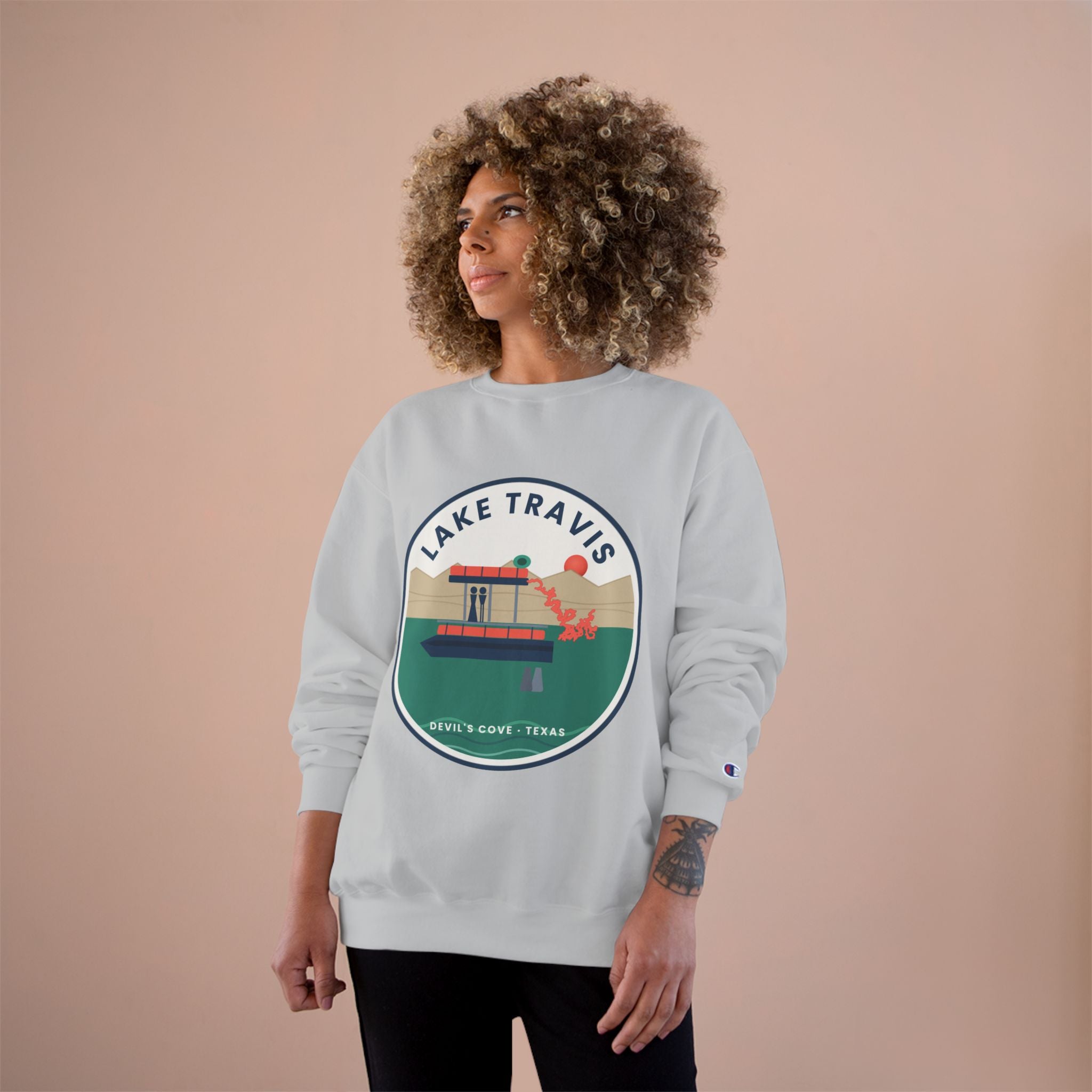 Lake Travis Crewneck Sweatshirt — Retro Pontoon Boat Design (Devil's Cove, Texas)