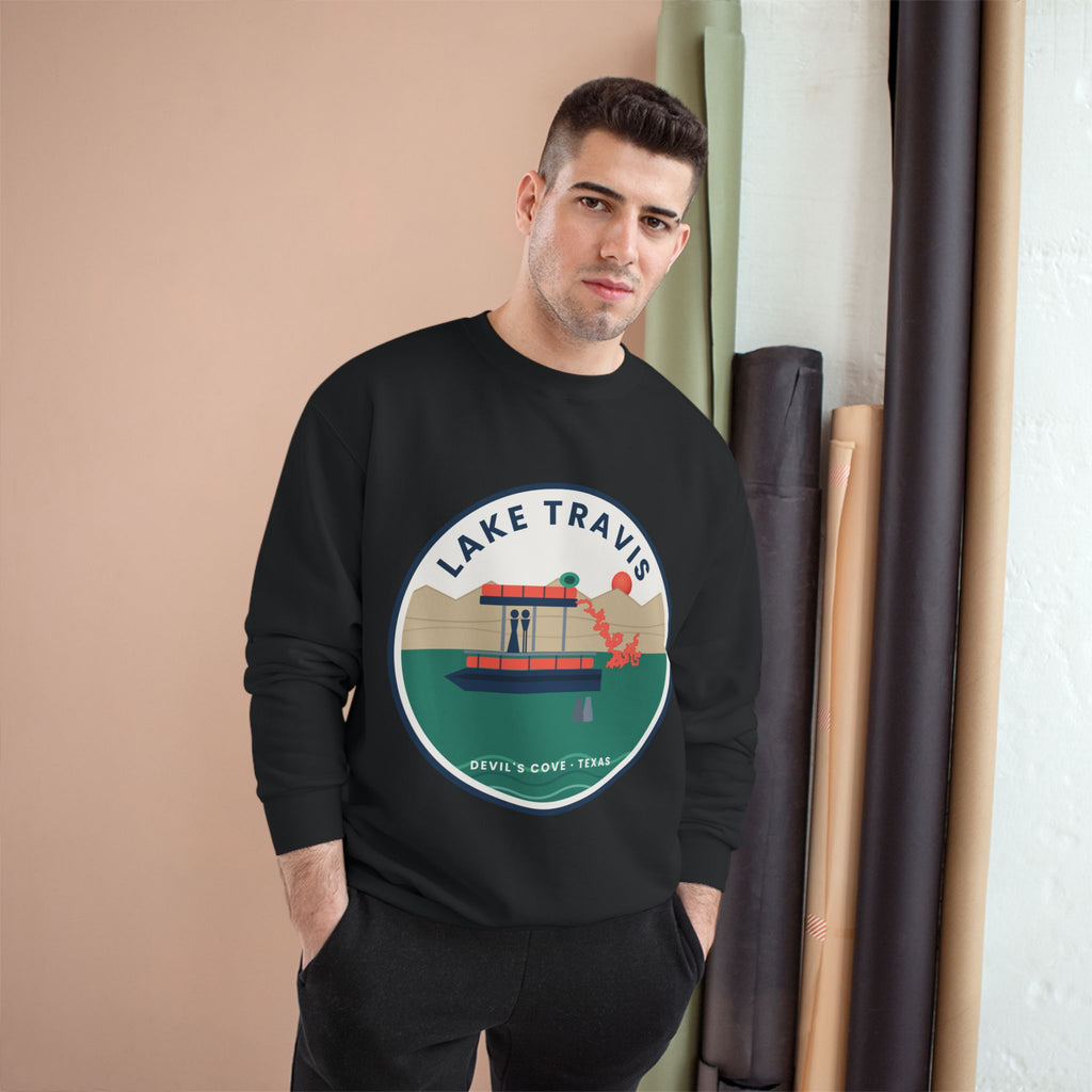 Lake Travis Crewneck Sweatshirt — Retro Pontoon Boat Design (Devil's Cove, Texas)