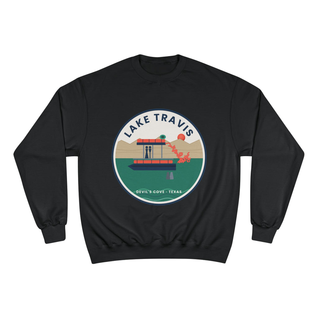 Lake Travis Crewneck Sweatshirt — Retro Pontoon Boat Design (Devil's Cove, Texas)