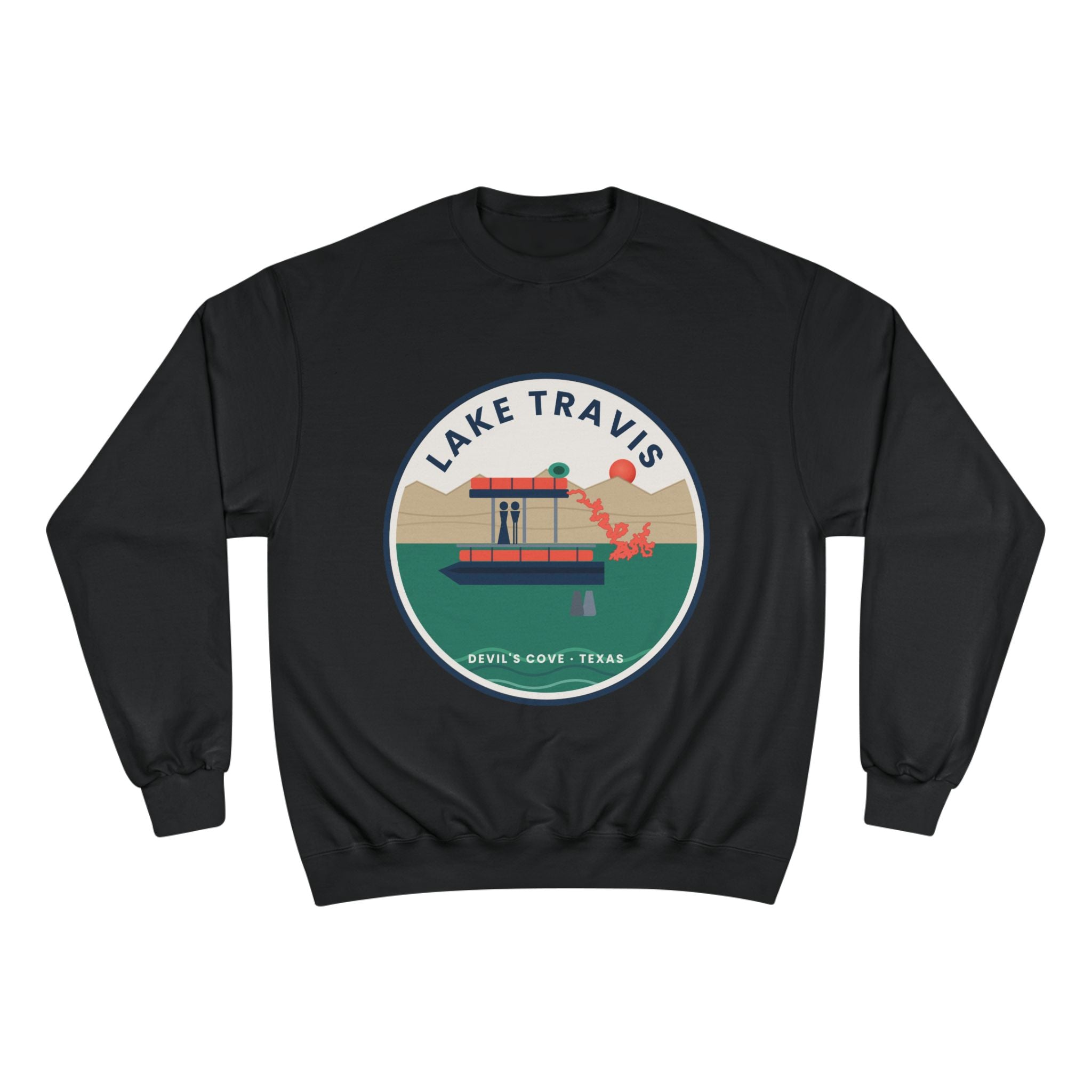Lake Travis Crewneck Sweatshirt — Retro Pontoon Boat Design (Devil's Cove, Texas)