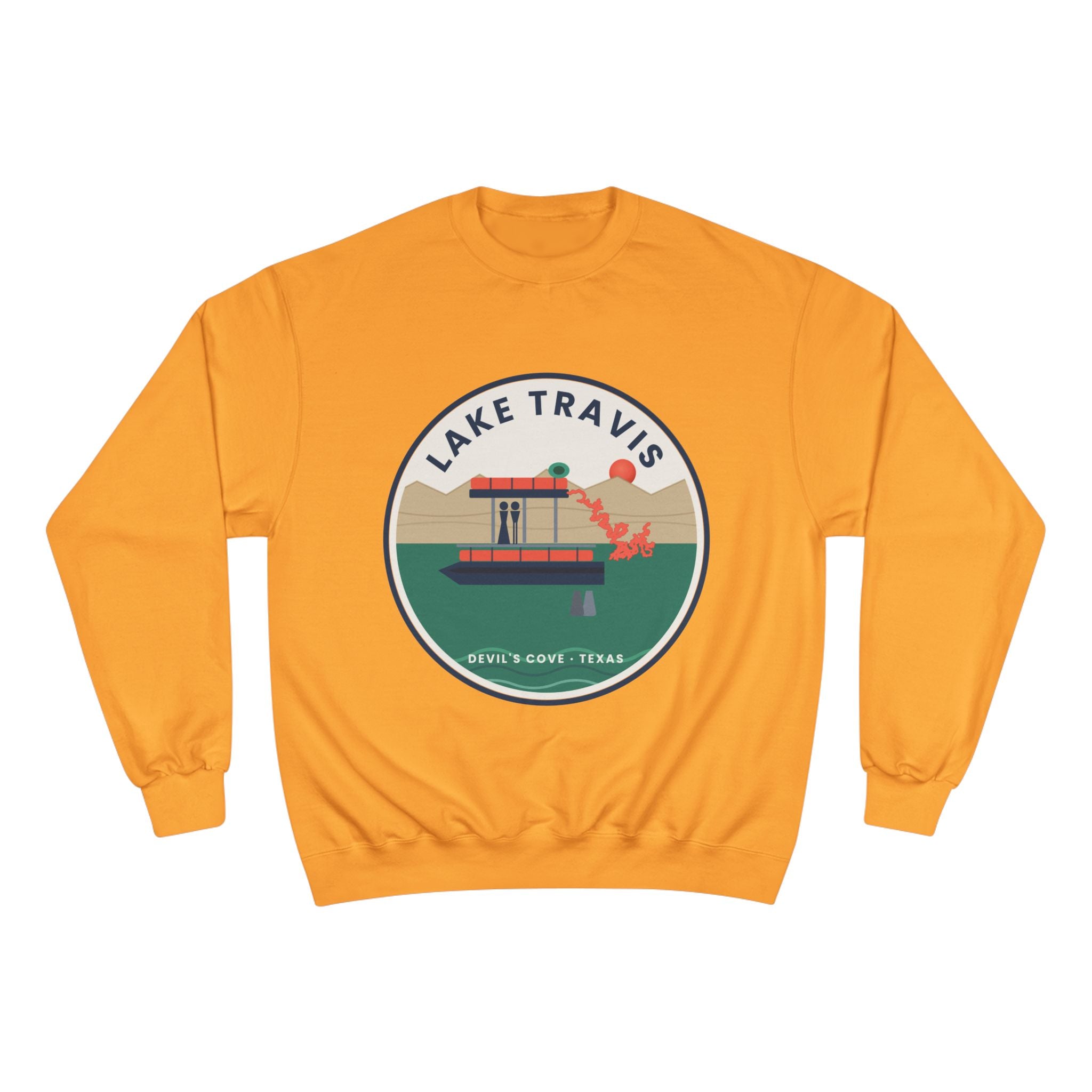 Lake Travis Crewneck Sweatshirt — Retro Pontoon Boat Design (Devil's Cove, Texas)
