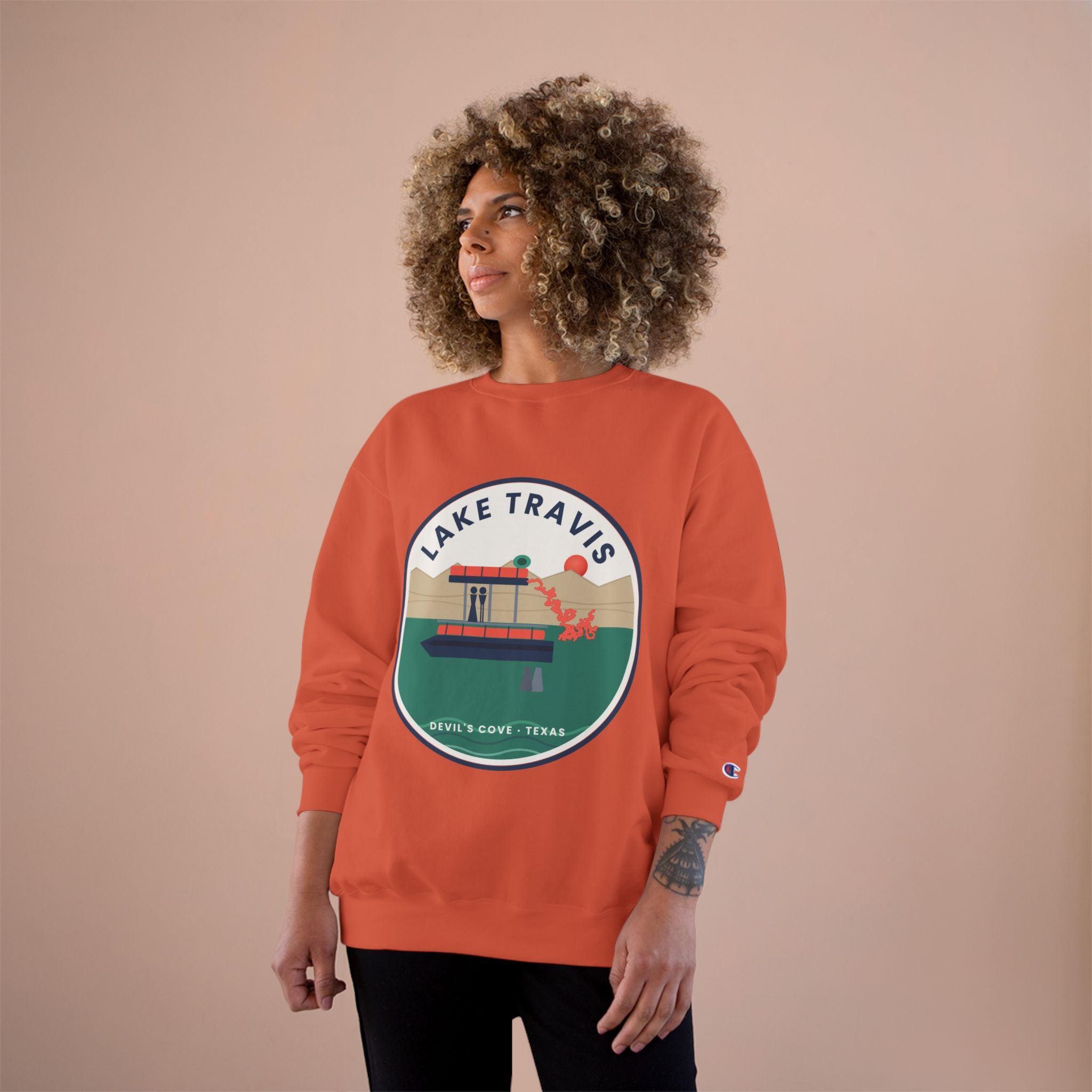 Lake Travis Crewneck Sweatshirt — Retro Pontoon Boat Design (Devil's Cove, Texas)