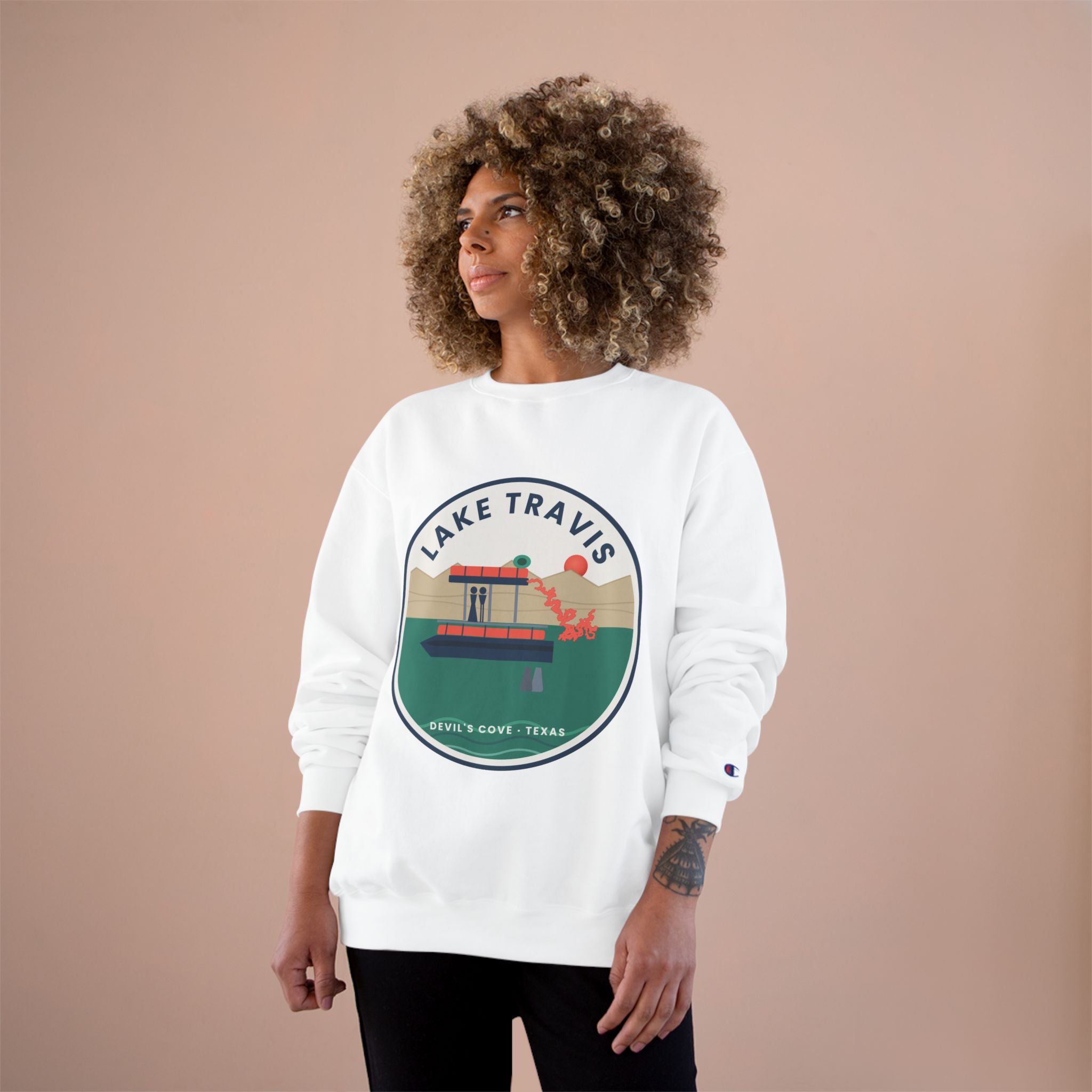 Lake Travis Crewneck Sweatshirt — Retro Pontoon Boat Design (Devil's Cove, Texas)