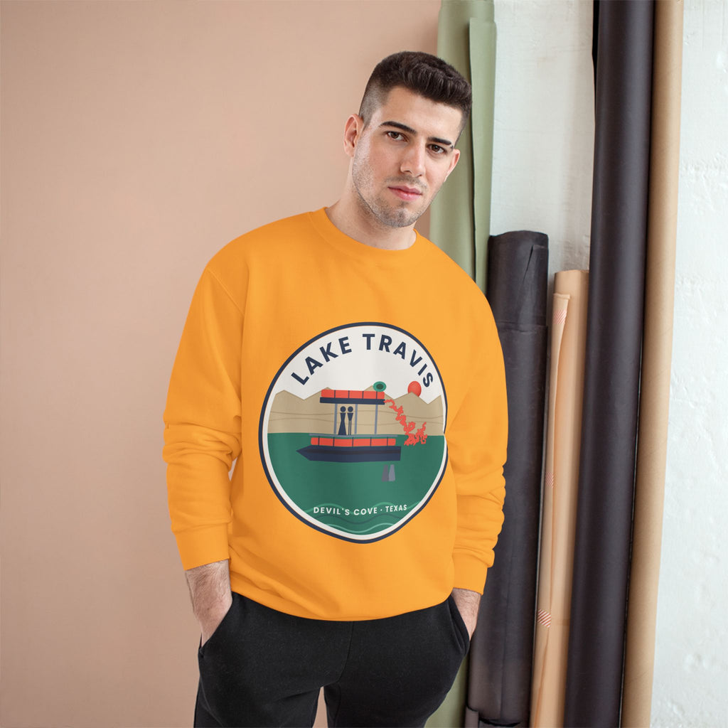 Lake Travis Crewneck Sweatshirt — Retro Pontoon Boat Design (Devil's Cove, Texas)