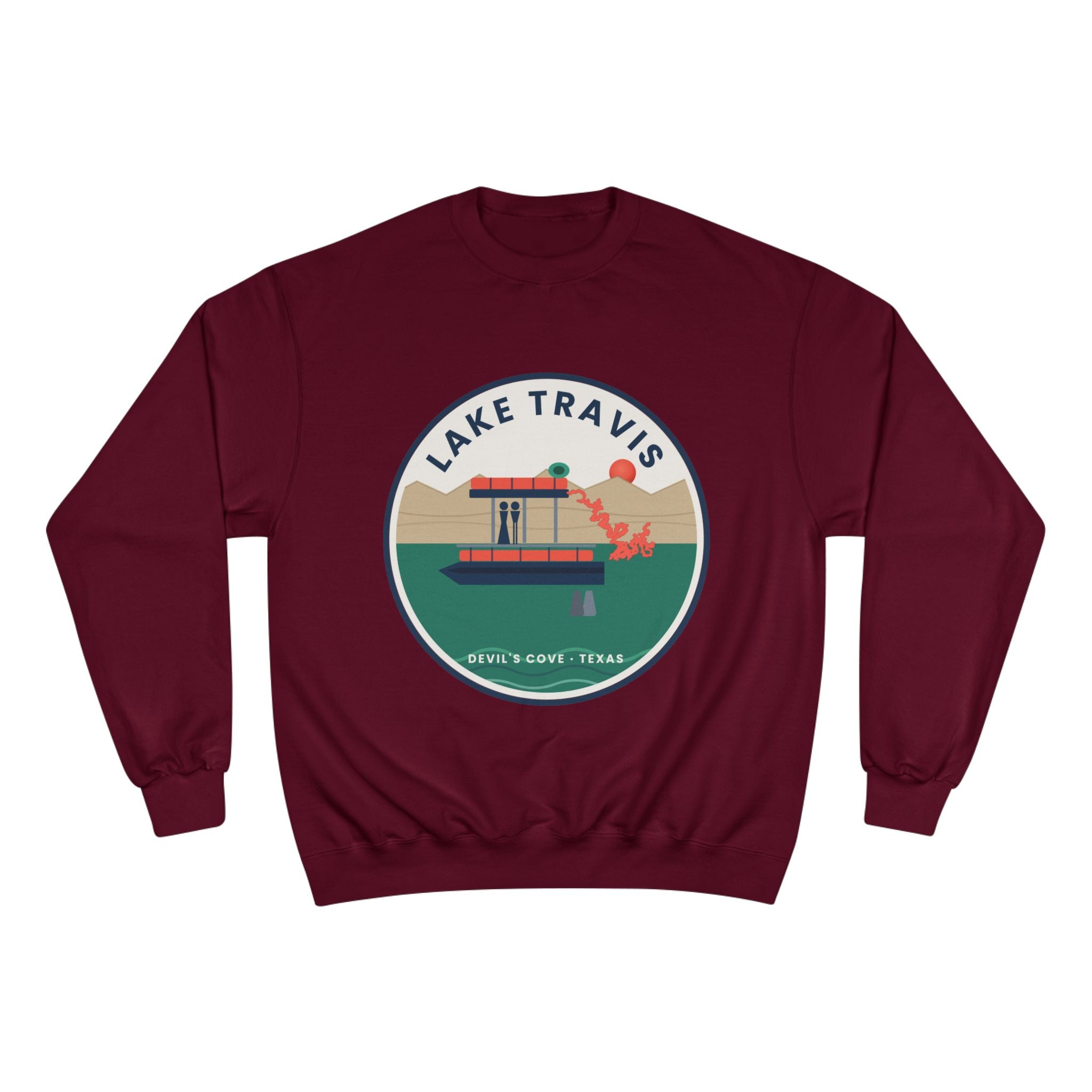 Lake Travis Crewneck Sweatshirt — Retro Pontoon Boat Design (Devil's Cove, Texas)