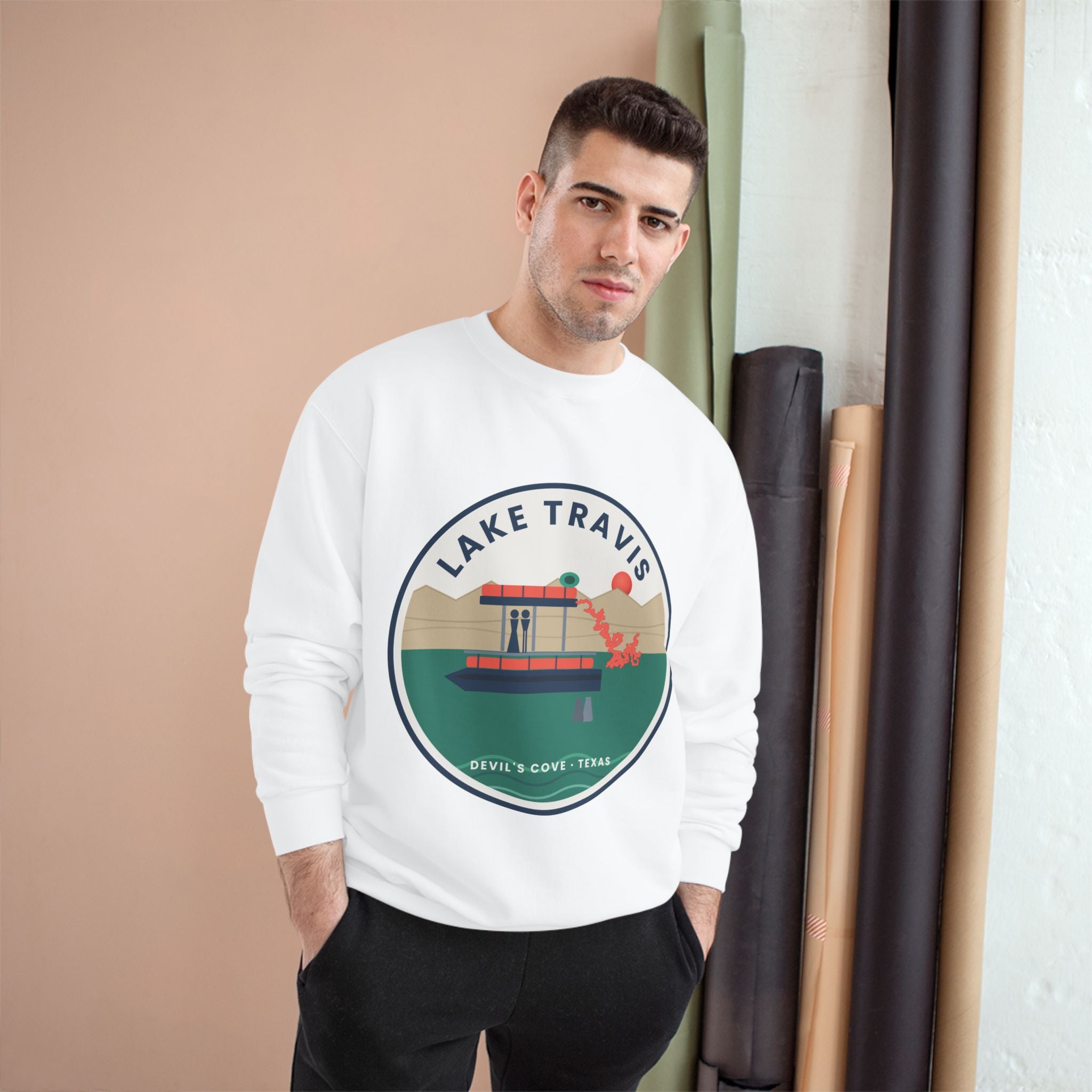 Lake Travis Crewneck Sweatshirt — Retro Pontoon Boat Design (Devil's Cove, Texas)