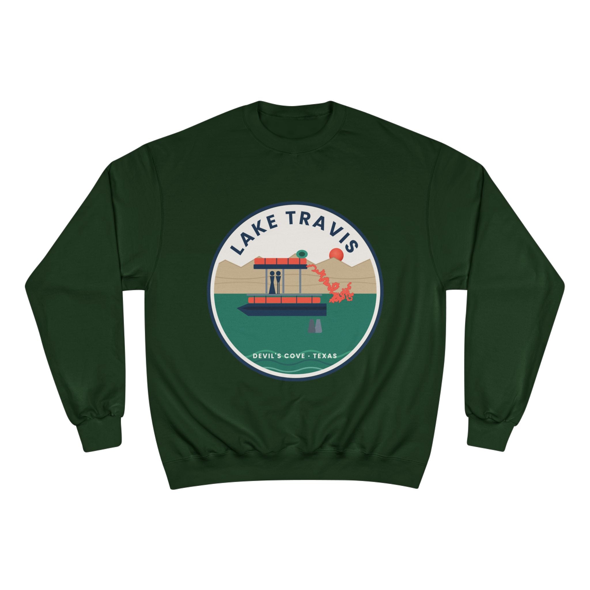 Lake Travis Crewneck Sweatshirt — Retro Pontoon Boat Design (Devil's Cove, Texas)