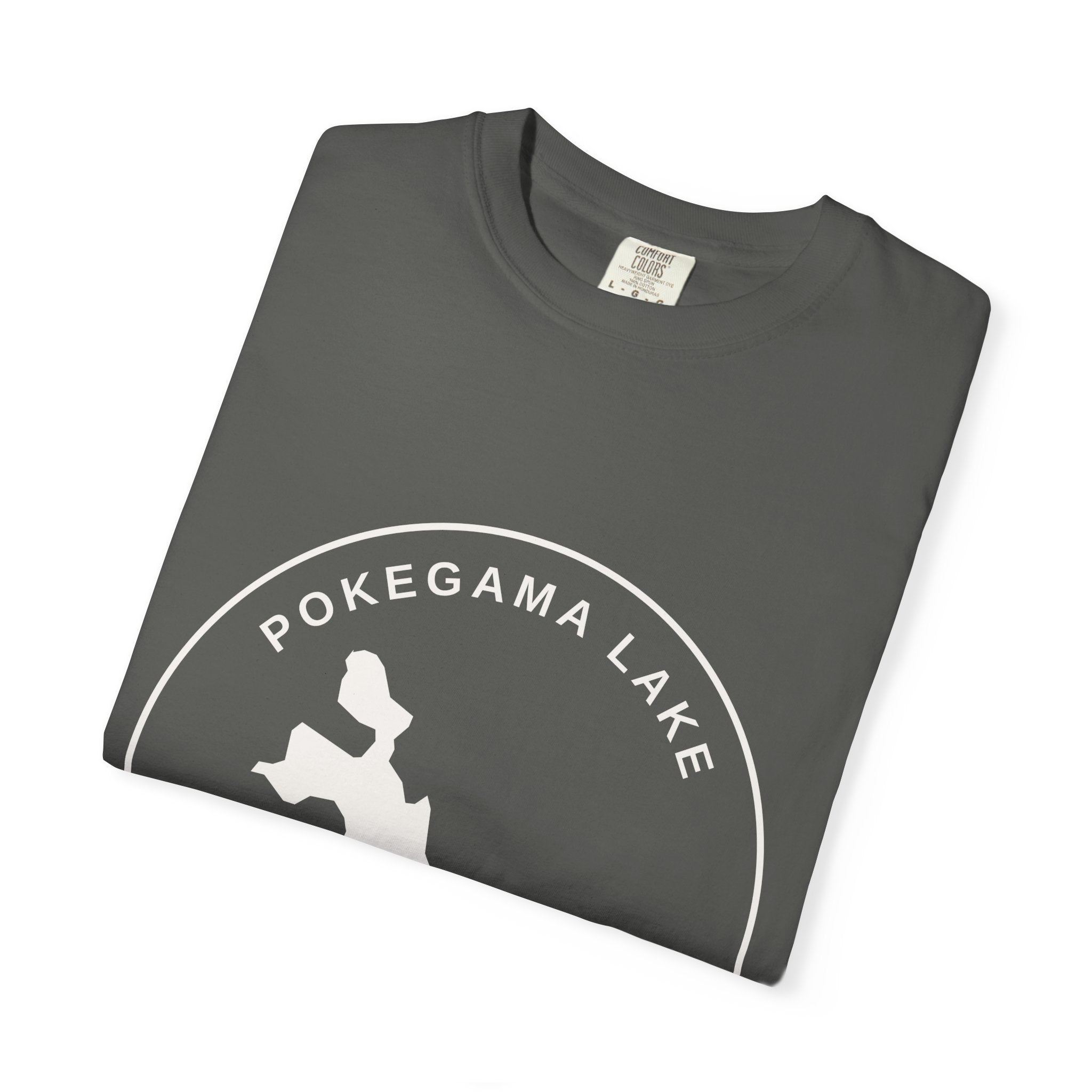 Pokegama Lake Minnesota T-Shirt — Lake Map Circle Graphic (Light Logo, for Dark Colors)