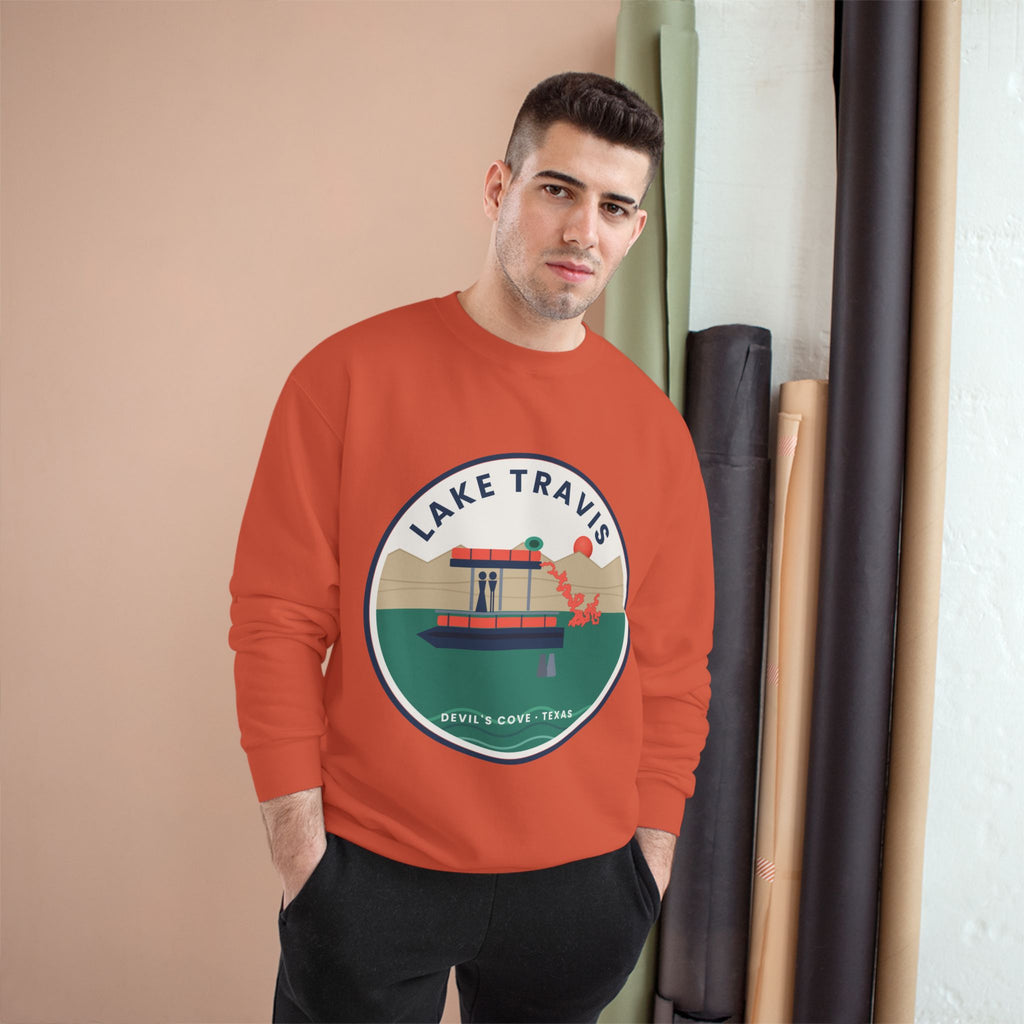 Lake Travis Crewneck Sweatshirt — Retro Pontoon Boat Design (Devil's Cove, Texas)