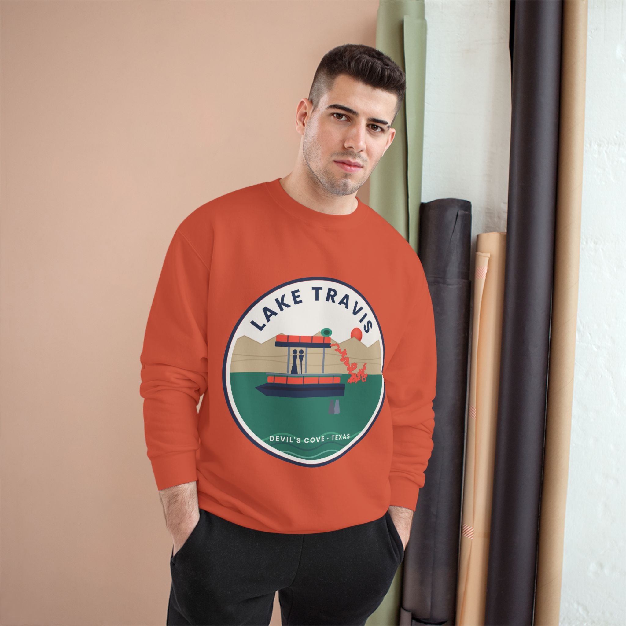 Lake Travis Crewneck Sweatshirt — Retro Pontoon Boat Design (Devil's Cove, Texas)