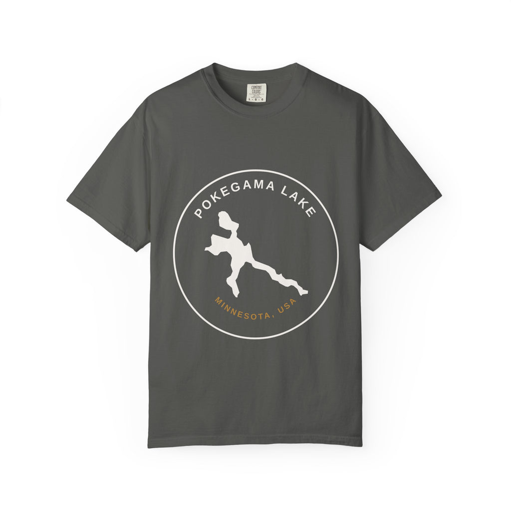 Pokegama Lake Minnesota T-Shirt — Lake Map Circle Graphic (Light Logo, for Dark Colors)