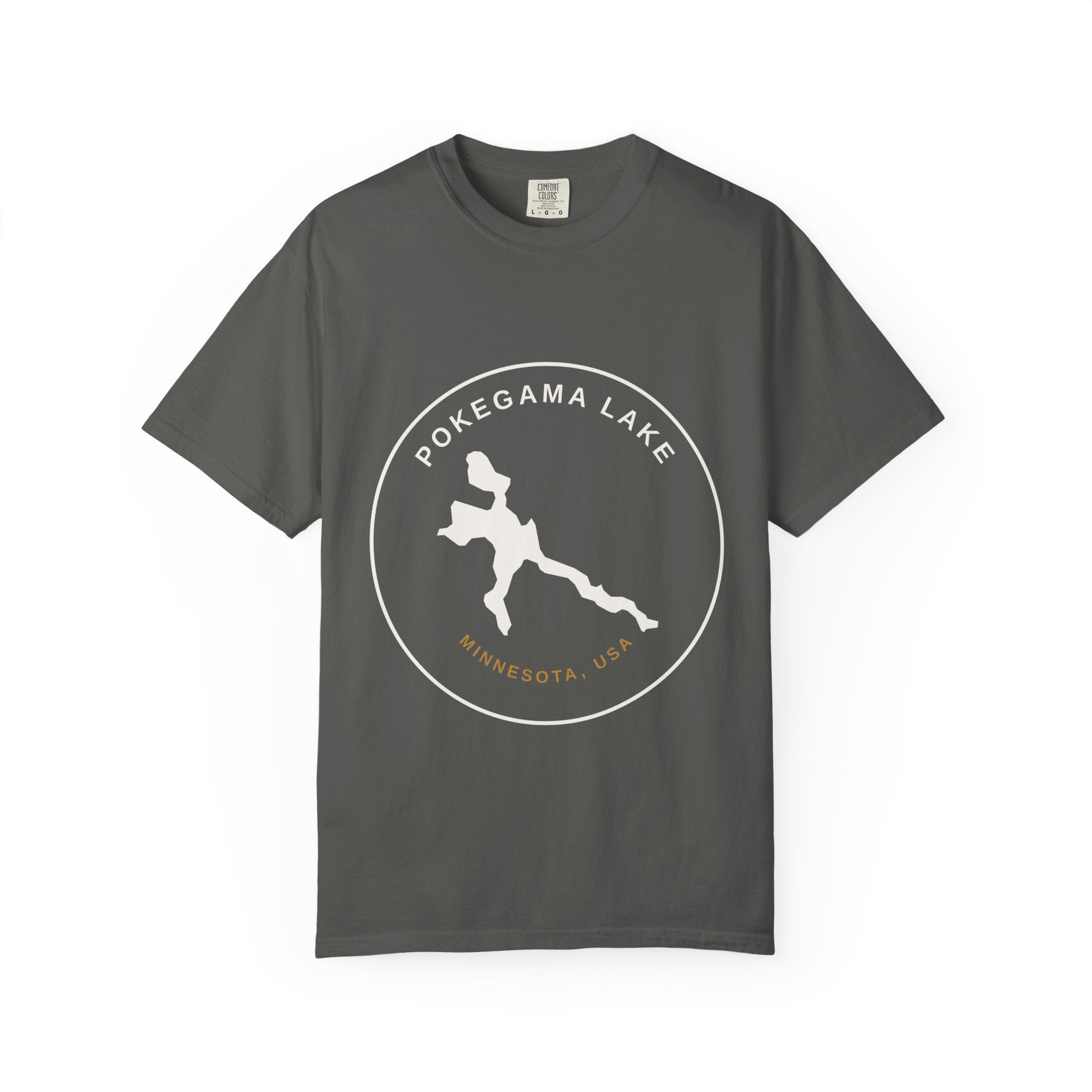 Pokegama Lake Minnesota T-Shirt — Lake Map Circle Graphic (Light Logo, for Dark Colors)