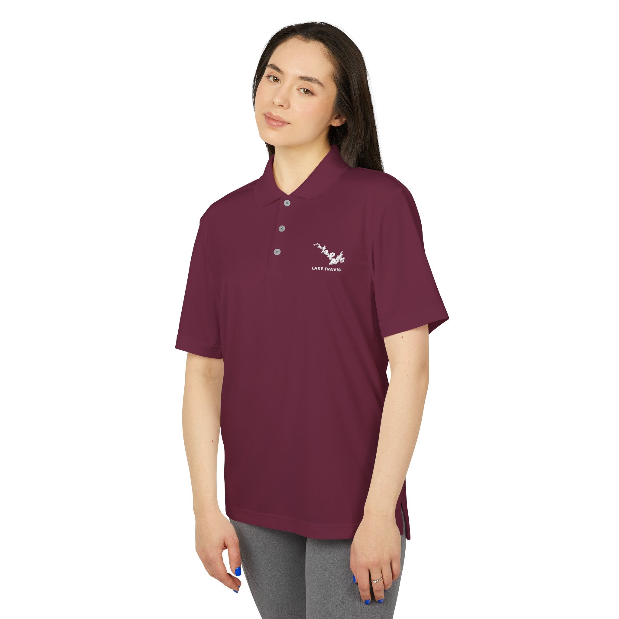 Lake Travis - White Performance Polo — Minimalist Botanical Chest Logo