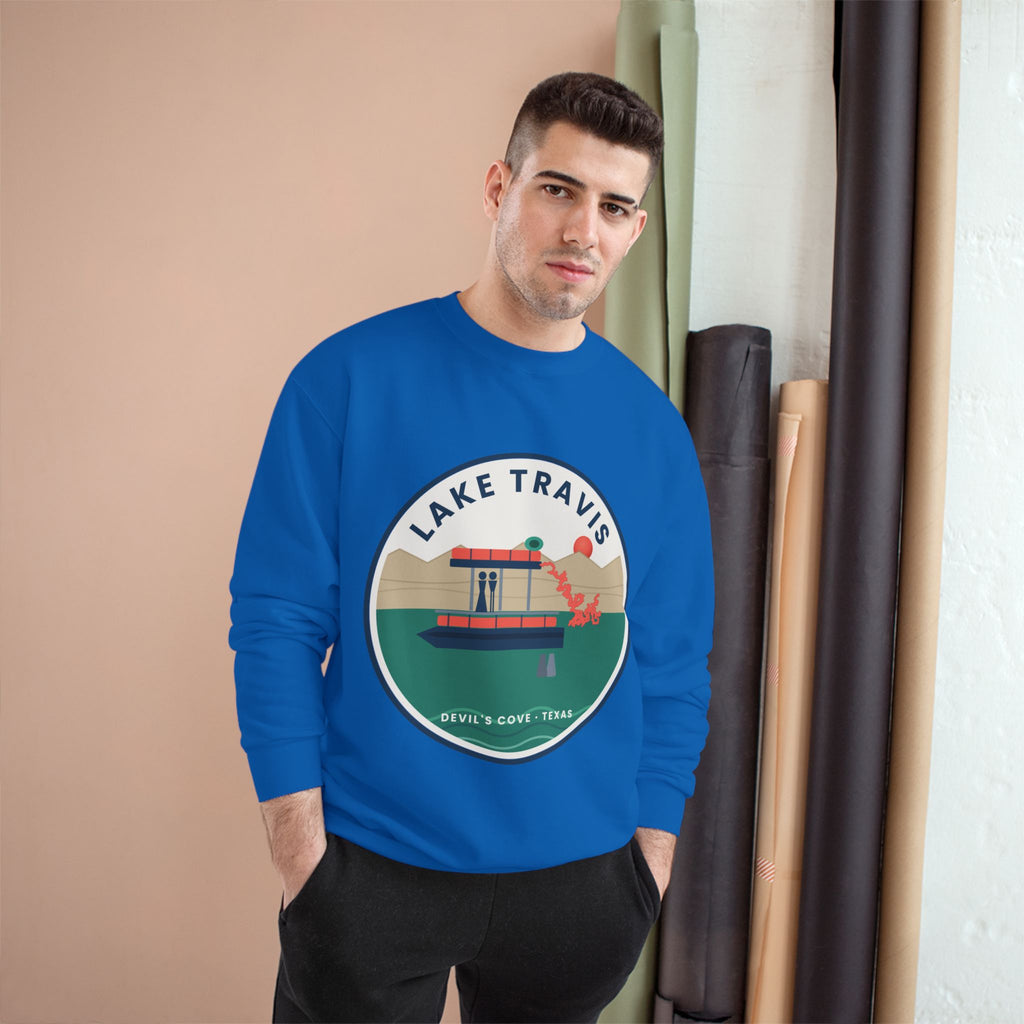 Lake Travis Crewneck Sweatshirt — Retro Pontoon Boat Design (Devil's Cove, Texas)