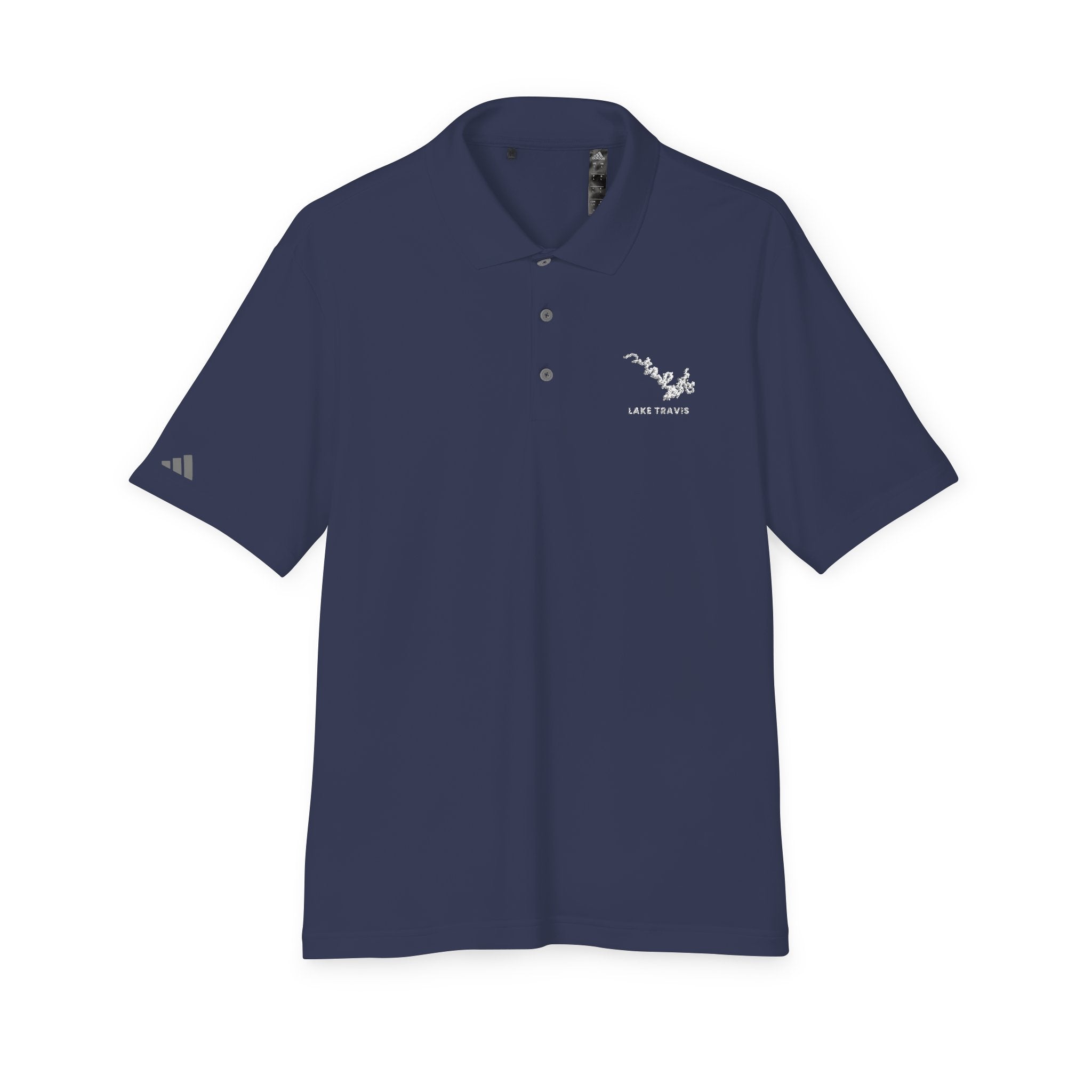 Lake Travis - White Performance Polo — Minimalist Botanical Chest Logo