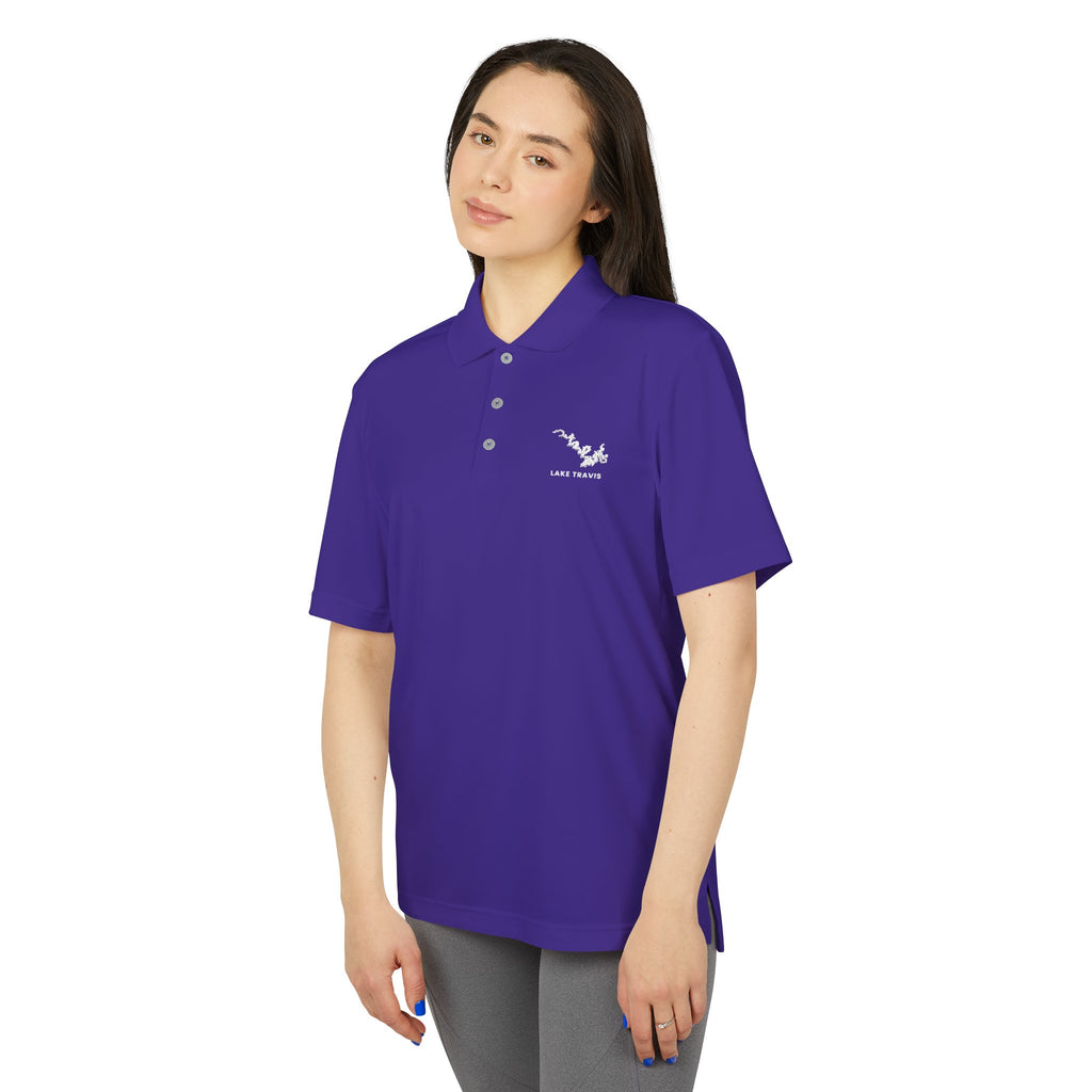 Lake Travis - White Performance Polo — Minimalist Botanical Chest Logo