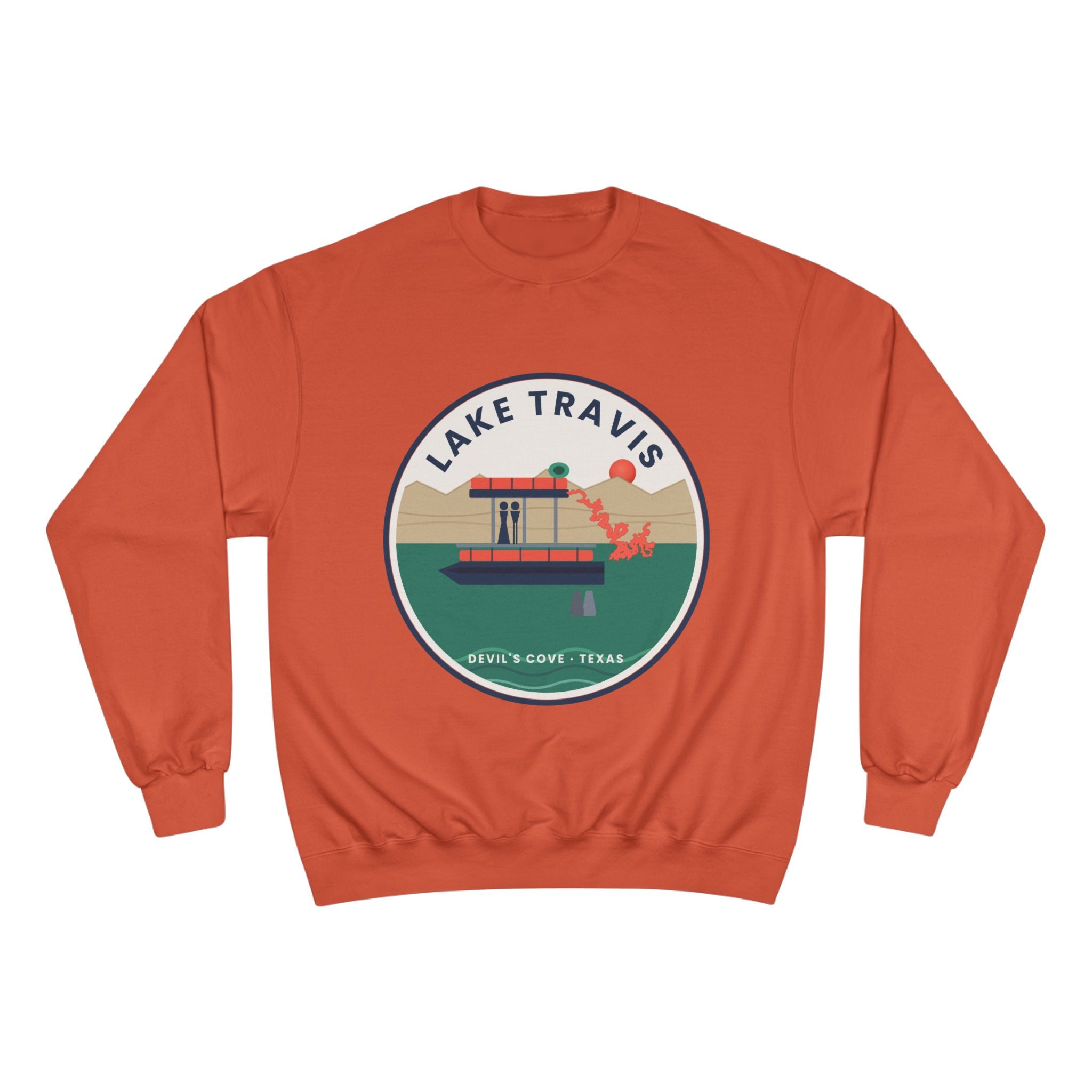 Lake Travis Crewneck Sweatshirt — Retro Pontoon Boat Design (Devil's Cove, Texas)